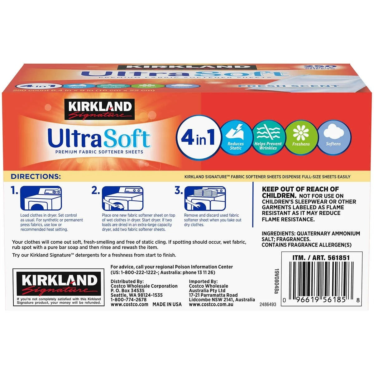 Kirkland Signature UltraSoft Premium Fabric Softener Sheets Fresh Scent - (2x250)ct/1pk