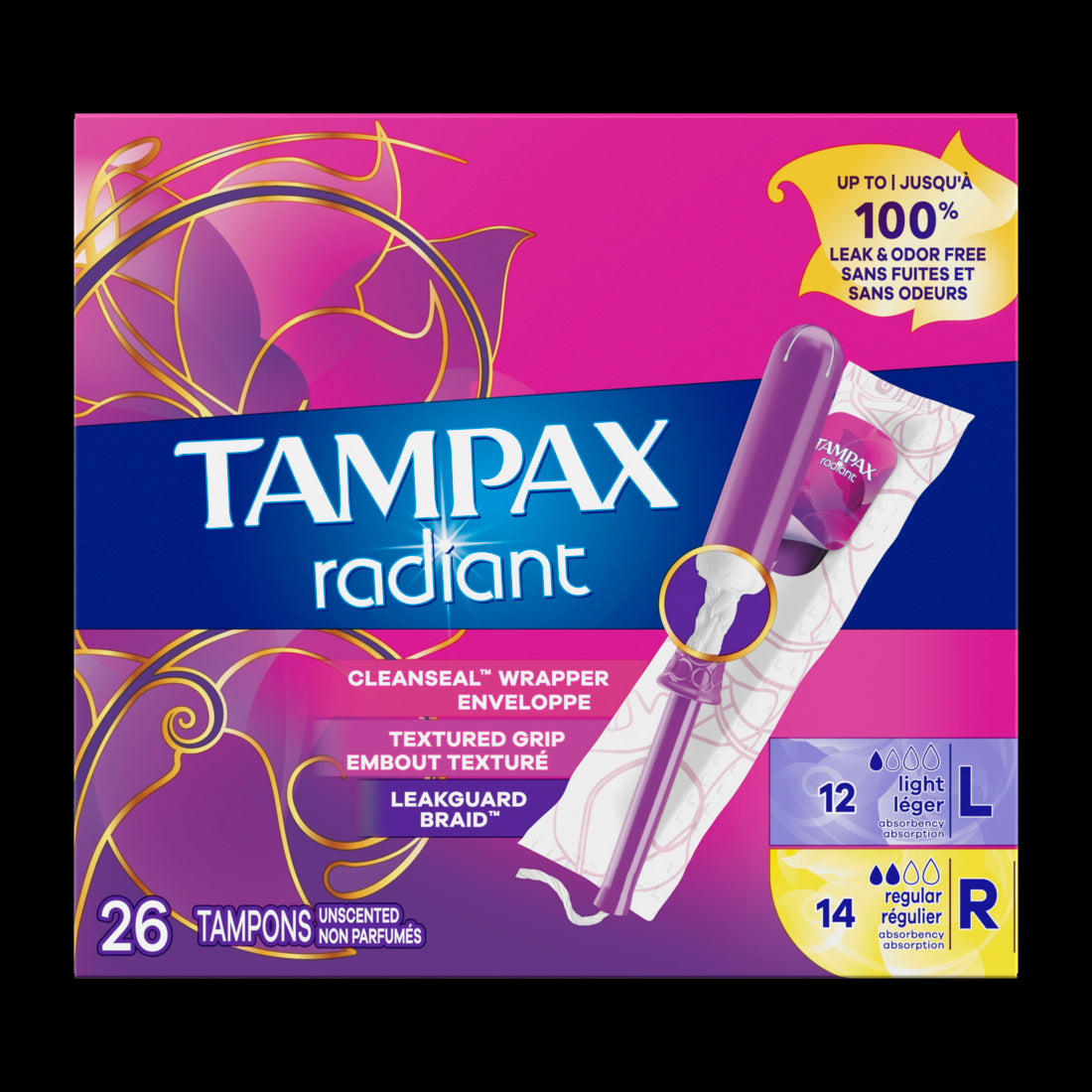 Tampax Radiant Tampons Duo Pack with LeakGuard Braid, Light/Regular Absorbency, Unscented - 26ct/6pk