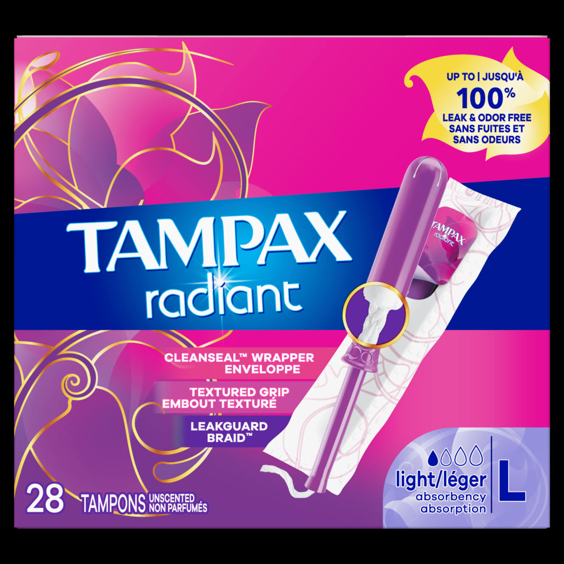 Tampax Radiant Tampons Light Absorbency with BPA-Free Plastic Applicator and LeakGuard Braid, Unscented - 28ct/6pk