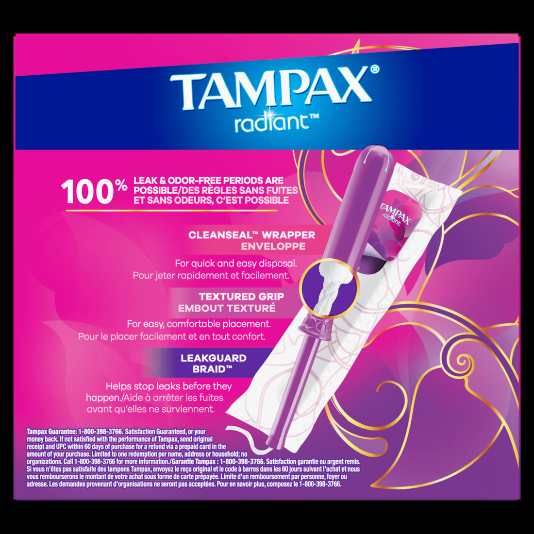 Tampax Radiant Tampons Light Absorbency with BPA-Free Plastic Applicator and LeakGuard Braid, Unscented - 28ct/6pk