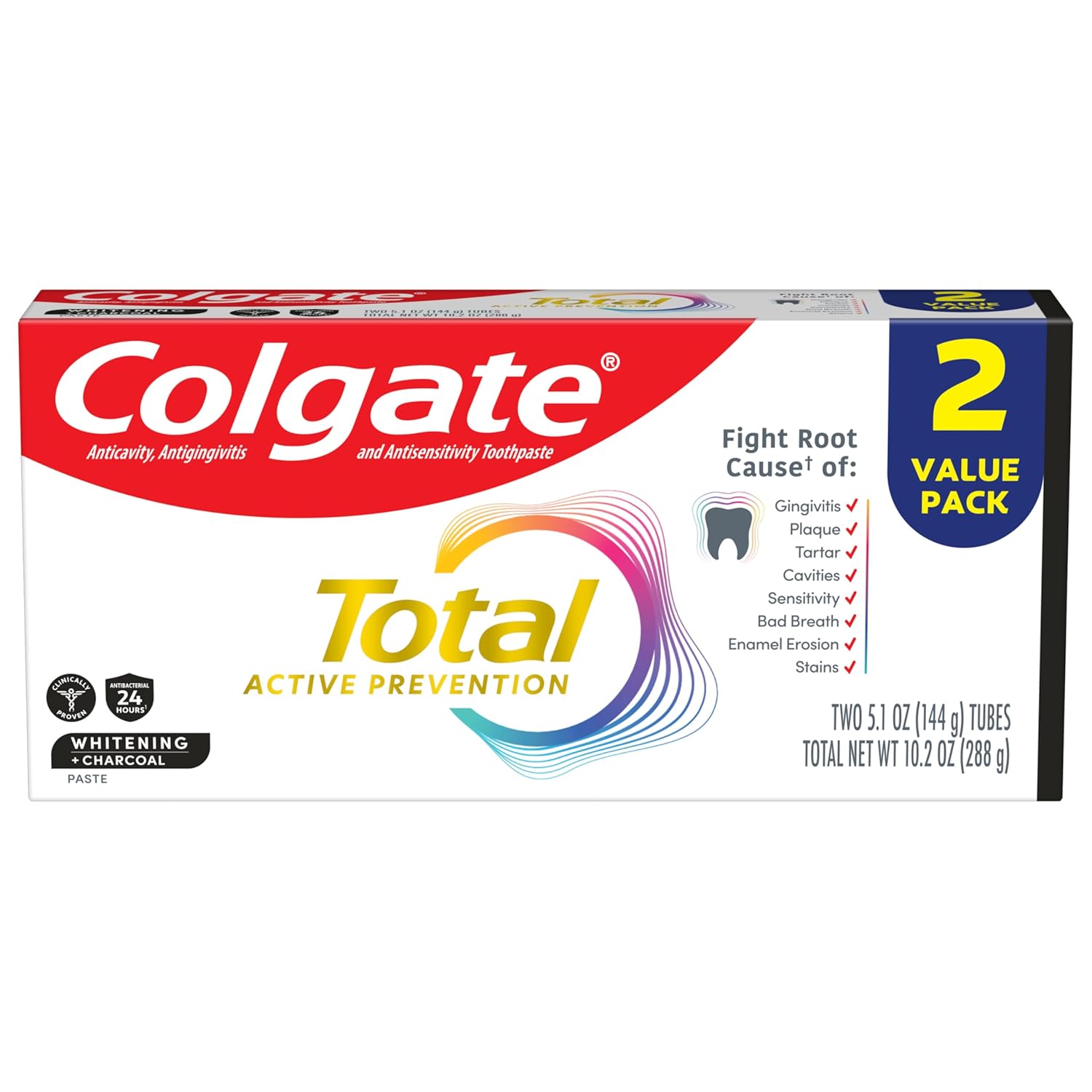 Colgate Total Toothpaste Whitening + Charcoal Paste - (2x5.1)oz/12pk