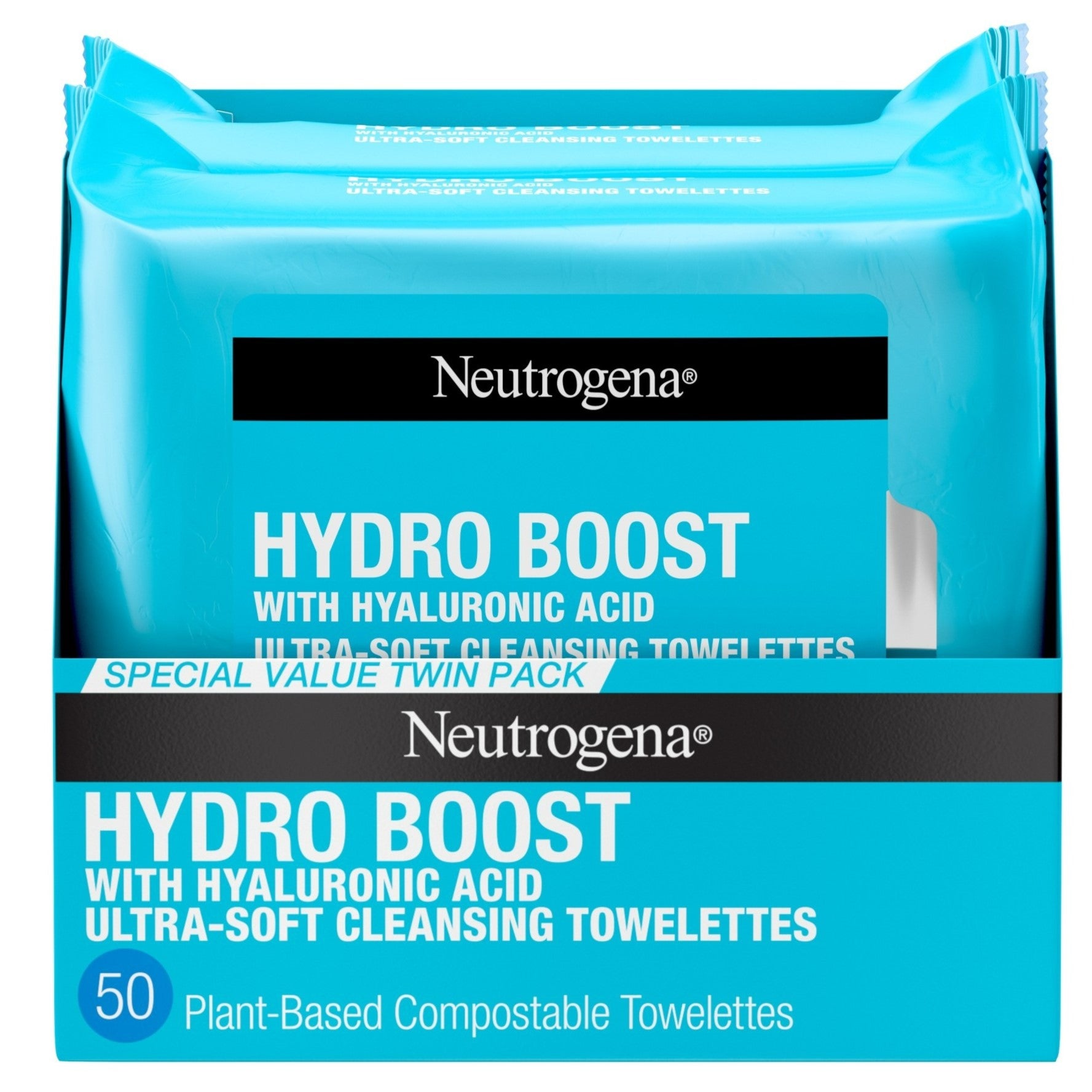 Neutrogena Makeup Remover Ultra-Soft Cleansing Towelettes Plant-Based Compostable Hydro Boost Twin Pack - (2x25)ct/4pk