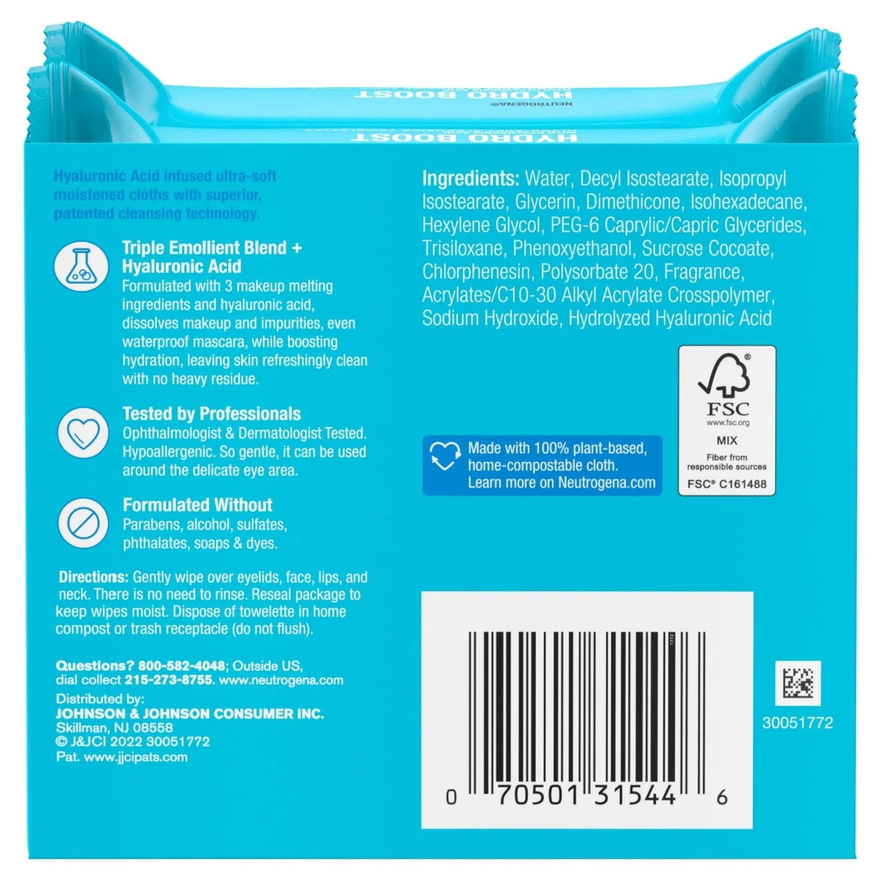 Neutrogena Makeup Remover Ultra-Soft Cleansing Towelettes Plant-Based Compostable Hydro Boost Twin Pack - (2x25)ct/4pk