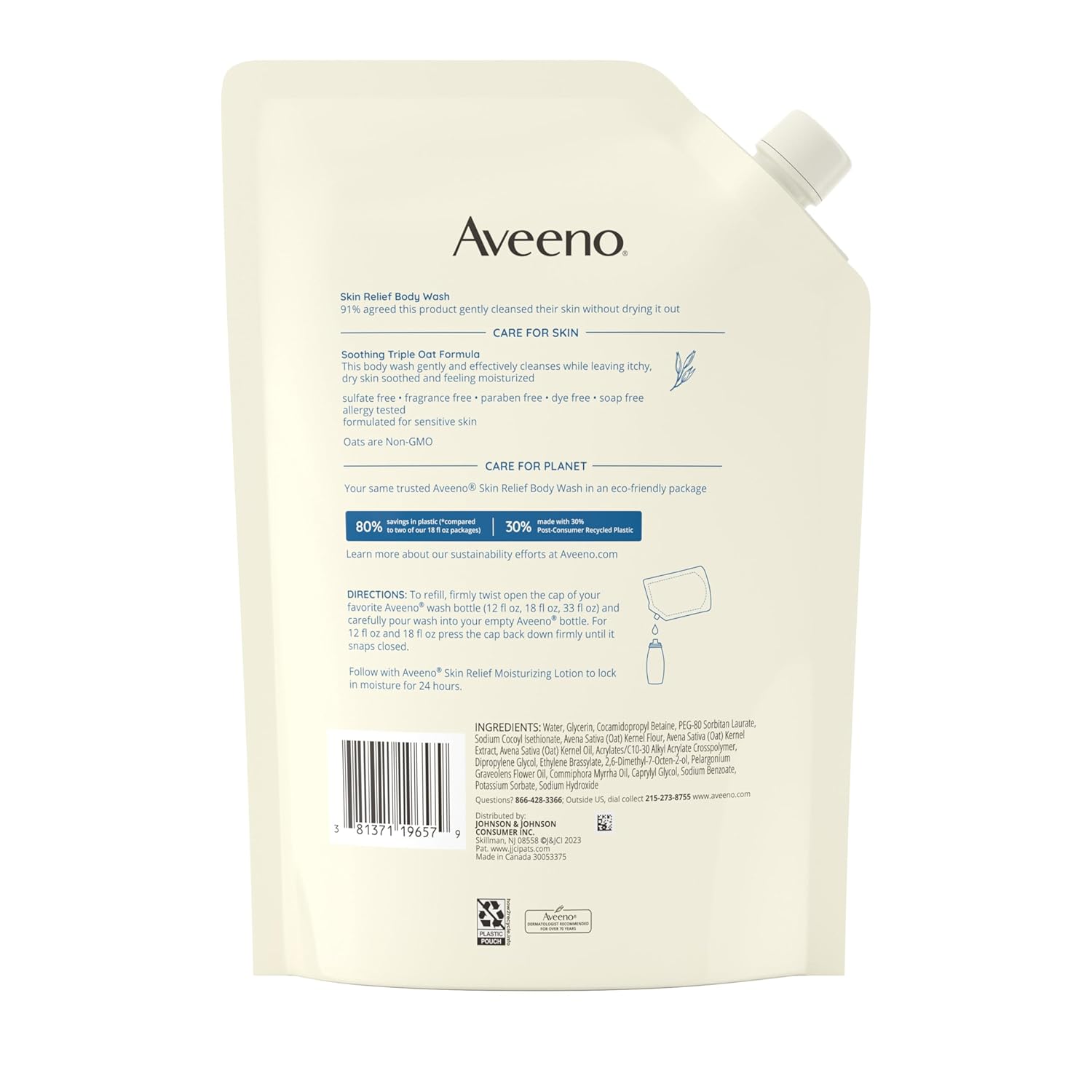 Aveeno Skin Relief Body Wash Itchy Dry Skin Fragrance Free Refill - 36oz/3pk