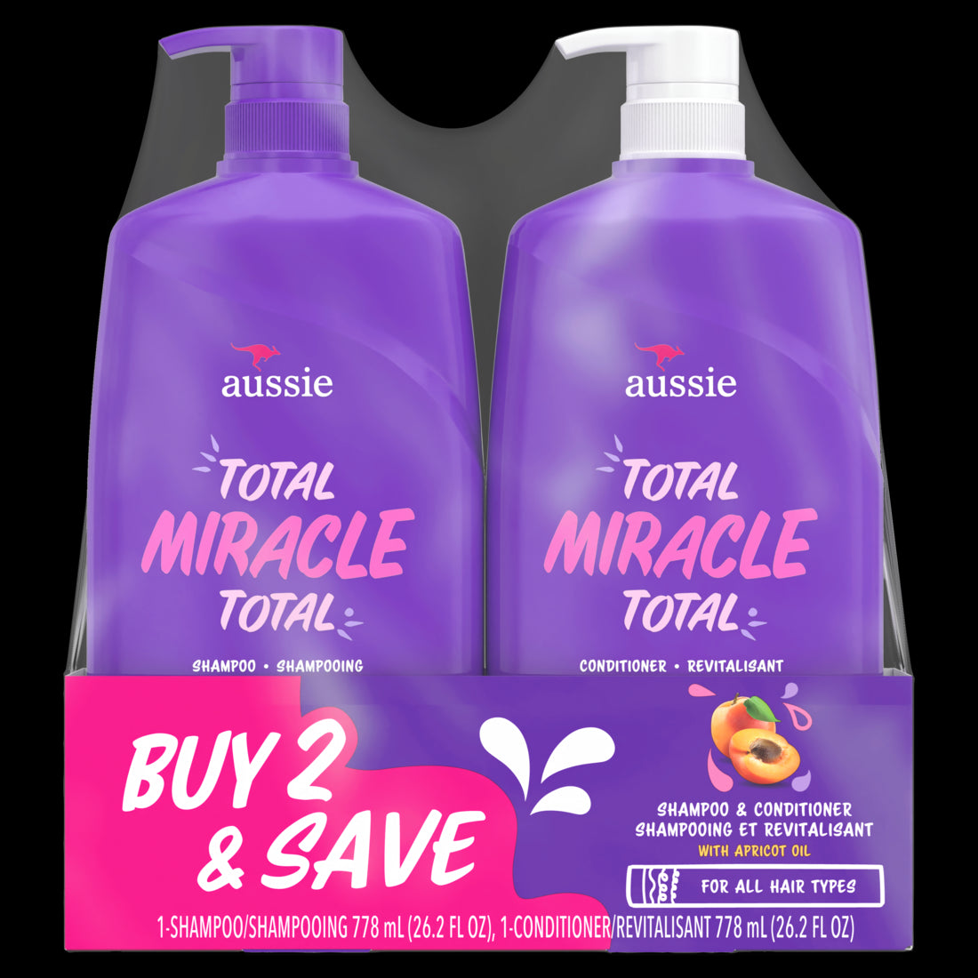 Aussie Total Miracle Shampoo and Conditioner Pump Bottle Dual Pack - 2 x 26.2oz/4pk