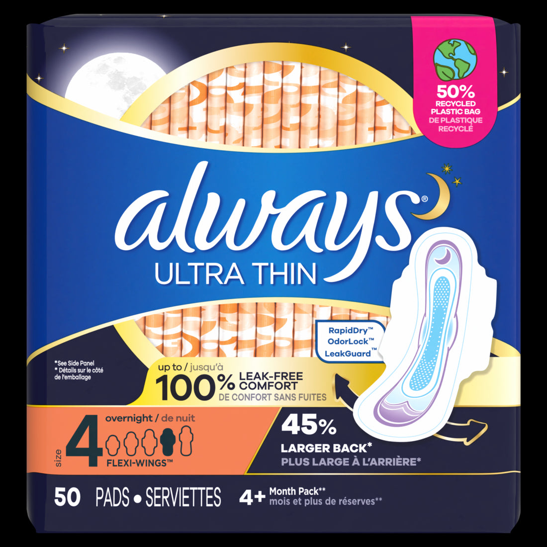 Always Ultra Thin Overnight Pads with Flexi-Wings Size 4 Overnight Unscented - 50ct/3pk