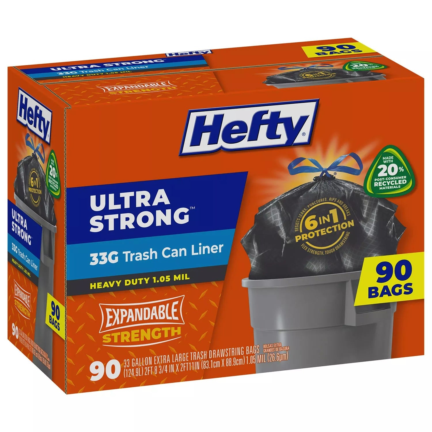 Hefty Ultra Strong Drawstring Trash Bags, Unscented 33 gal - 90ct/1pk