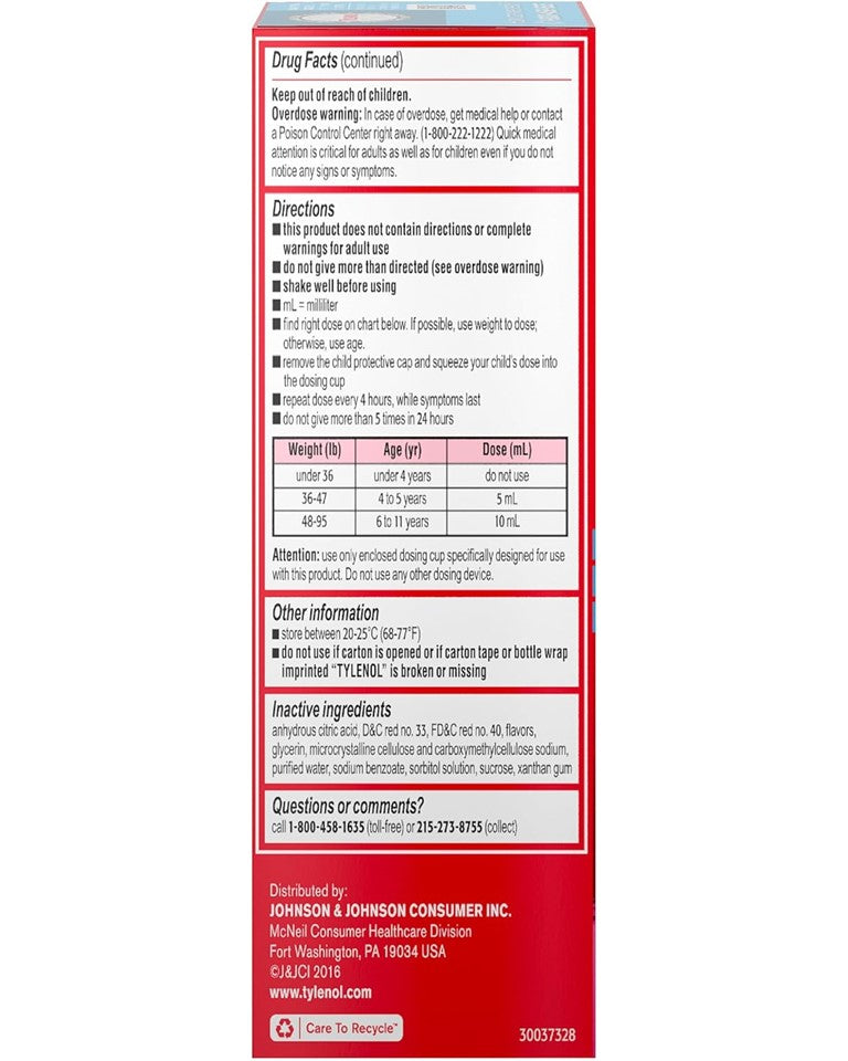 Children's Tylenol Pain Reliever Fever Reducer Ages 4-11 Cold + Cough + Sore Throat Bubblegum Flavor - 4oz/3pk