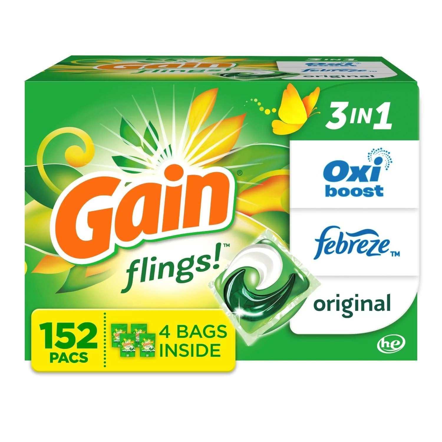 Gain Flings! 3 in 1 Laundry Detergent Pacs Original Scents - 152ct/1pk