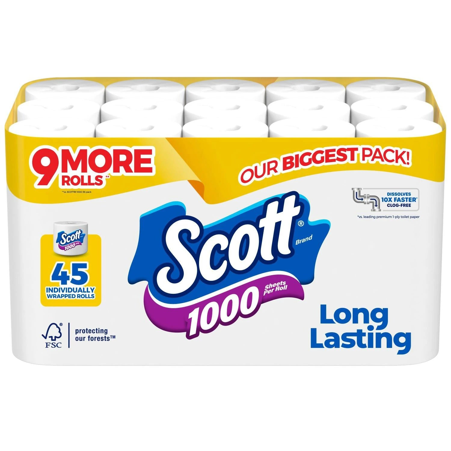 Scott 1-Ply Toilet Paper 1000 sheets - 45ct/1pk