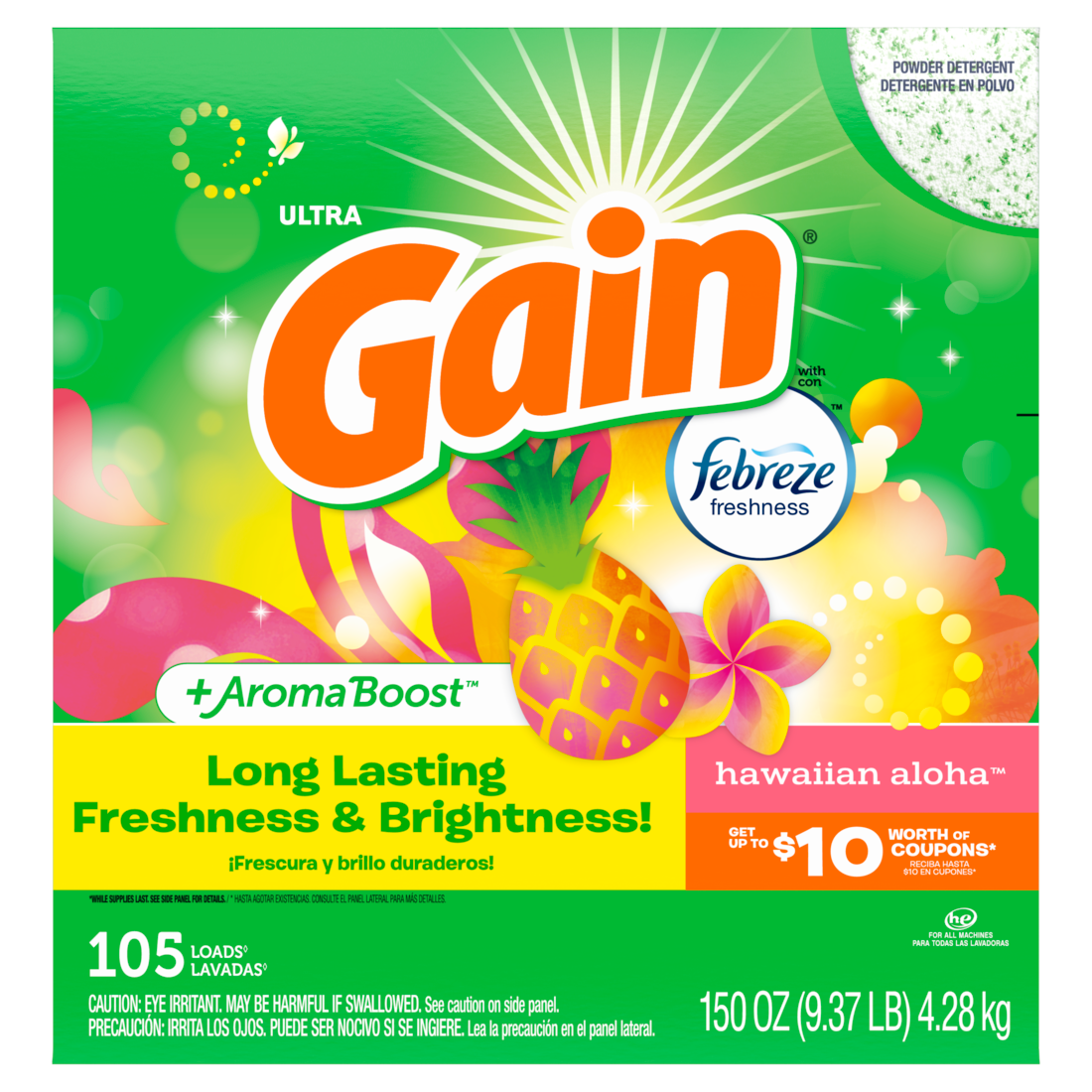 Gain Powder Laundry Detergent for Regular and HE Washers Hawaiian Aloha Scent 105 Loads - 150oz/2pk