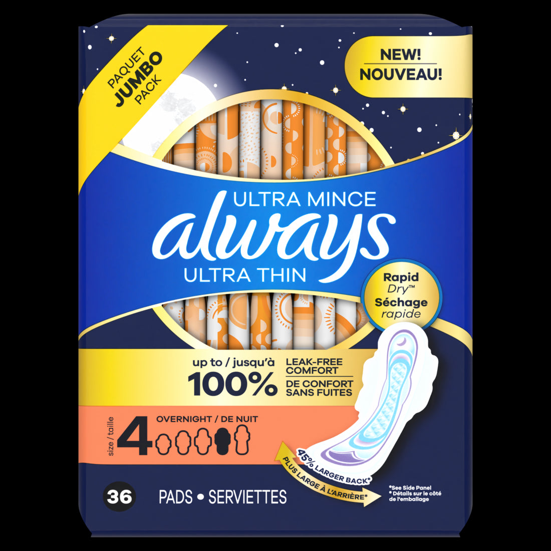 Always Ultra Thin Overnight Pads Size 4 Overnight Unscented - 36ct/6pk