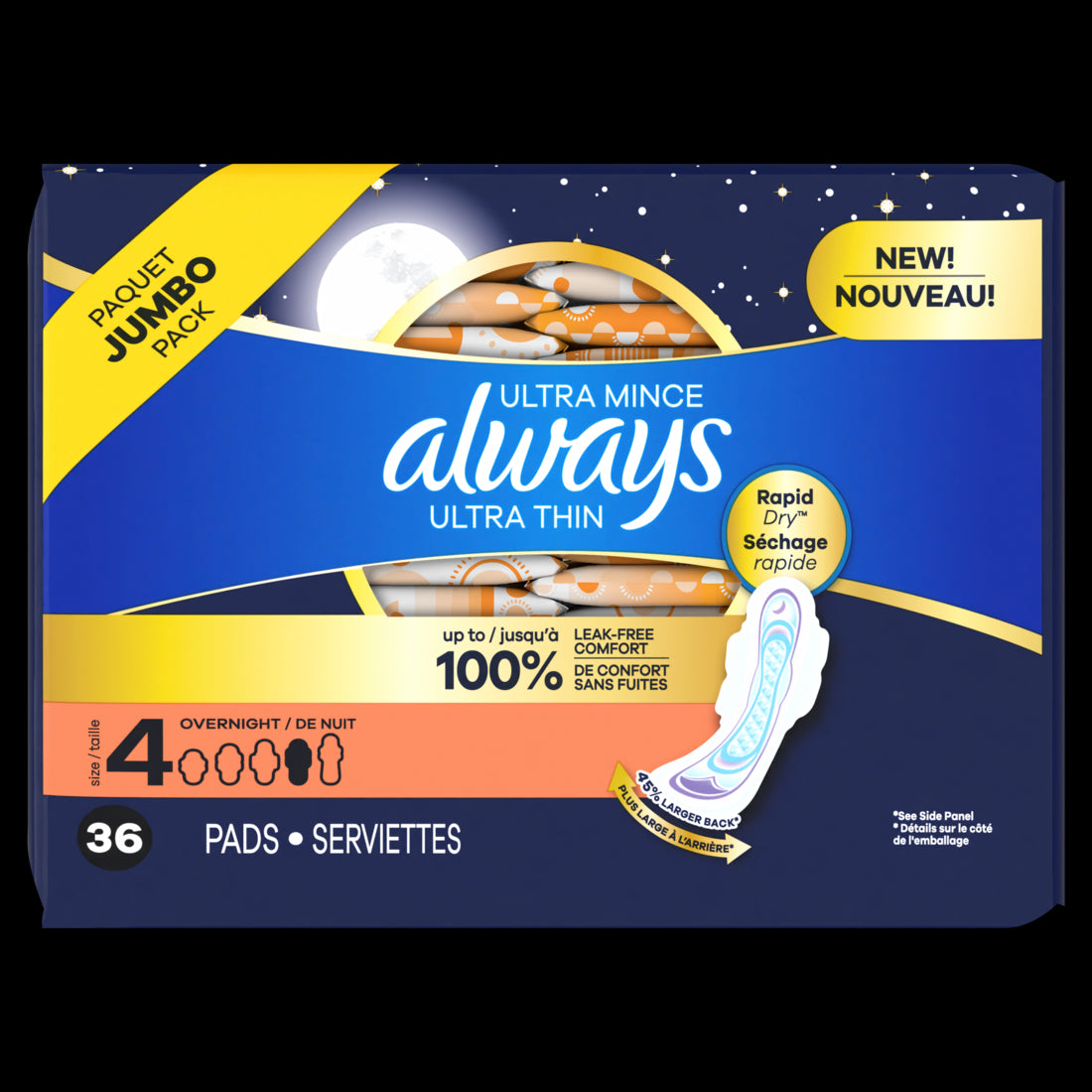 Always Ultra Thin Overnight Pads Size 4 Overnight Unscented - 36ct/6pk