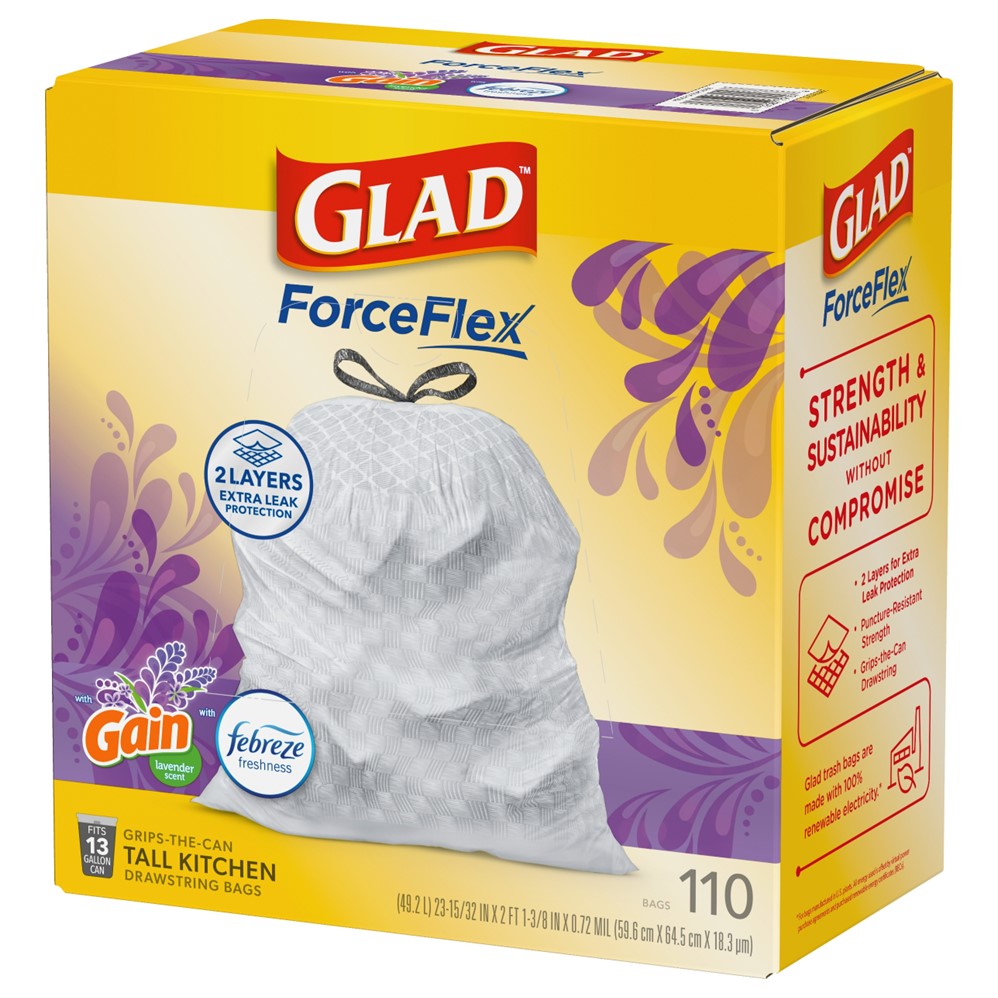 Glad Tall Kitchen Drawstring Lavender Odor Shield 13 Gallon - 110ct/3pk