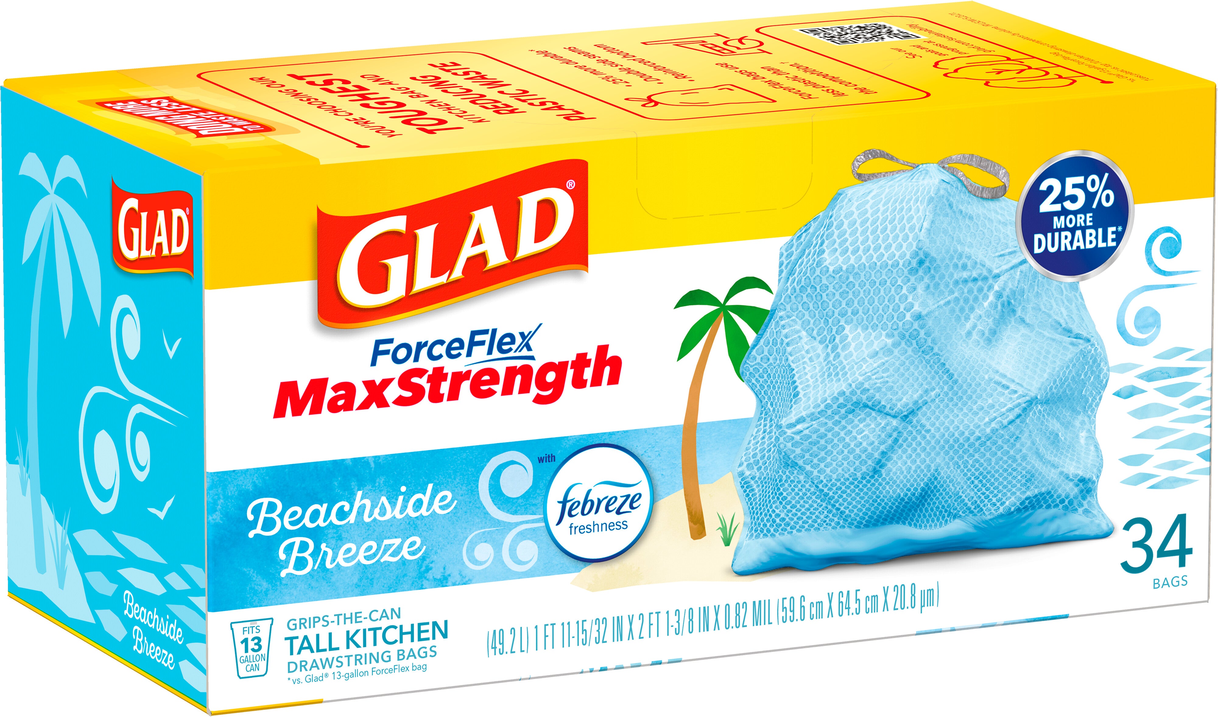 Glad ForceFlex MaxStrength Tall Kitchen Drawstring Trash Bags 13 Gallon Beachside Breeze with Febreze Freshness - 34ct/6pk