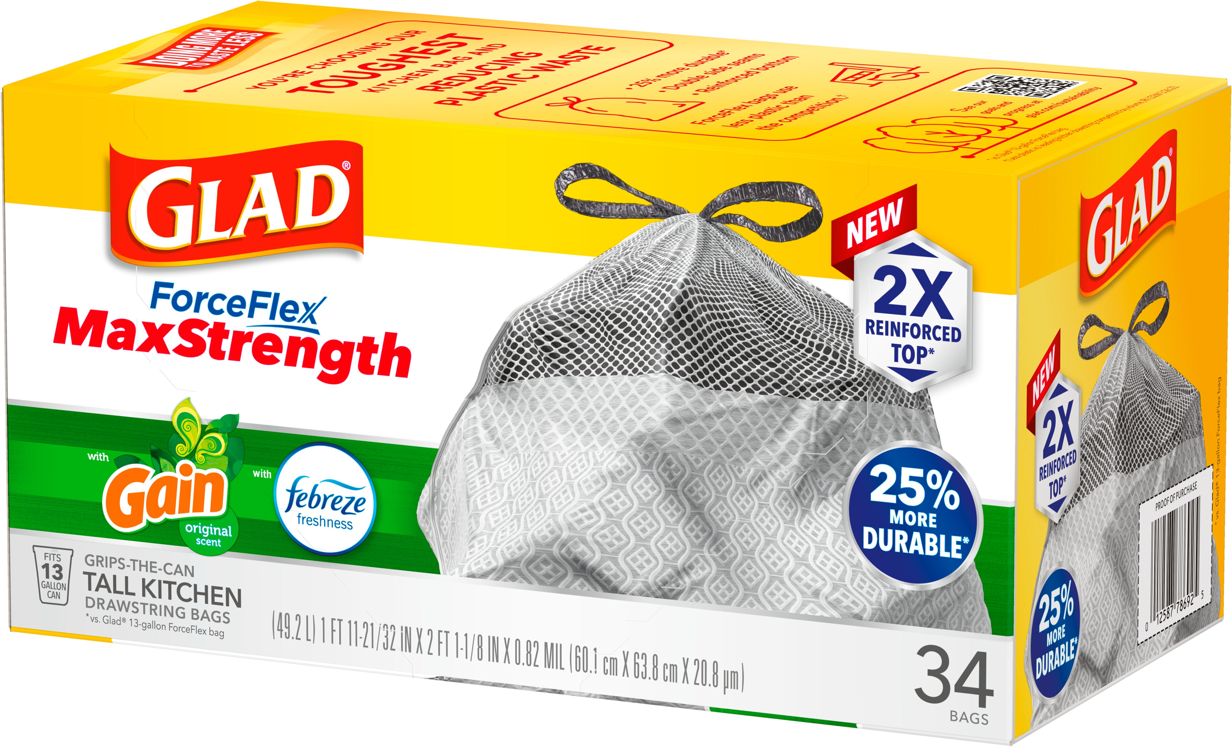 Glad ForceFlex MaxStrength Tall Kitchen Drawstring Trash Bags 13 Gallon Gain Original with Febreze Freshness - 34ct/6pk