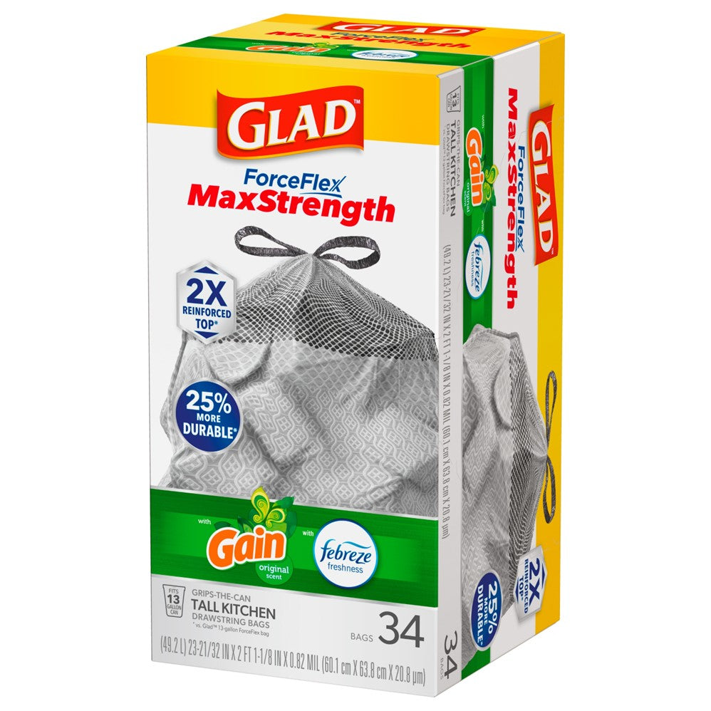 Glad Forceflex Maxstrength Grab Zone Drawstring Gain Original Odorshield 13 Gallon - 34ct/6pk