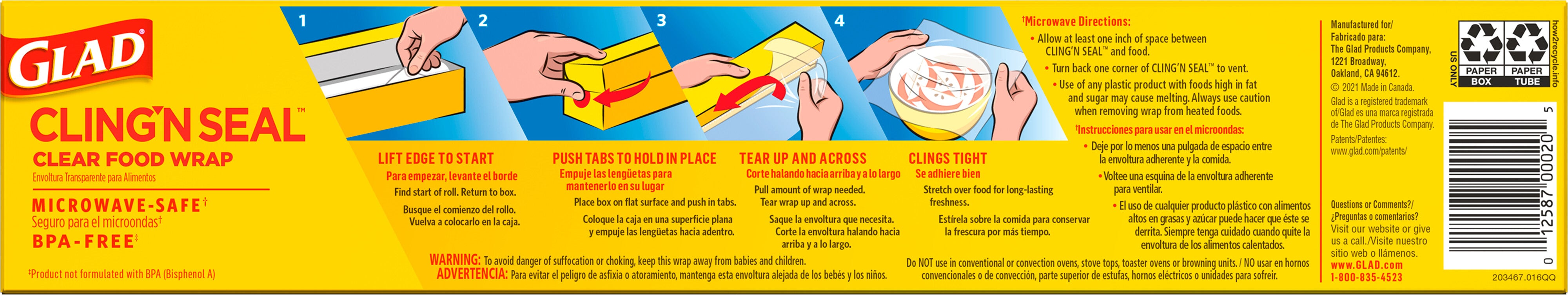 Glad Cling'N Seal Plastic Food Wrap 200 Square Foot Roll - 1ct/12pk