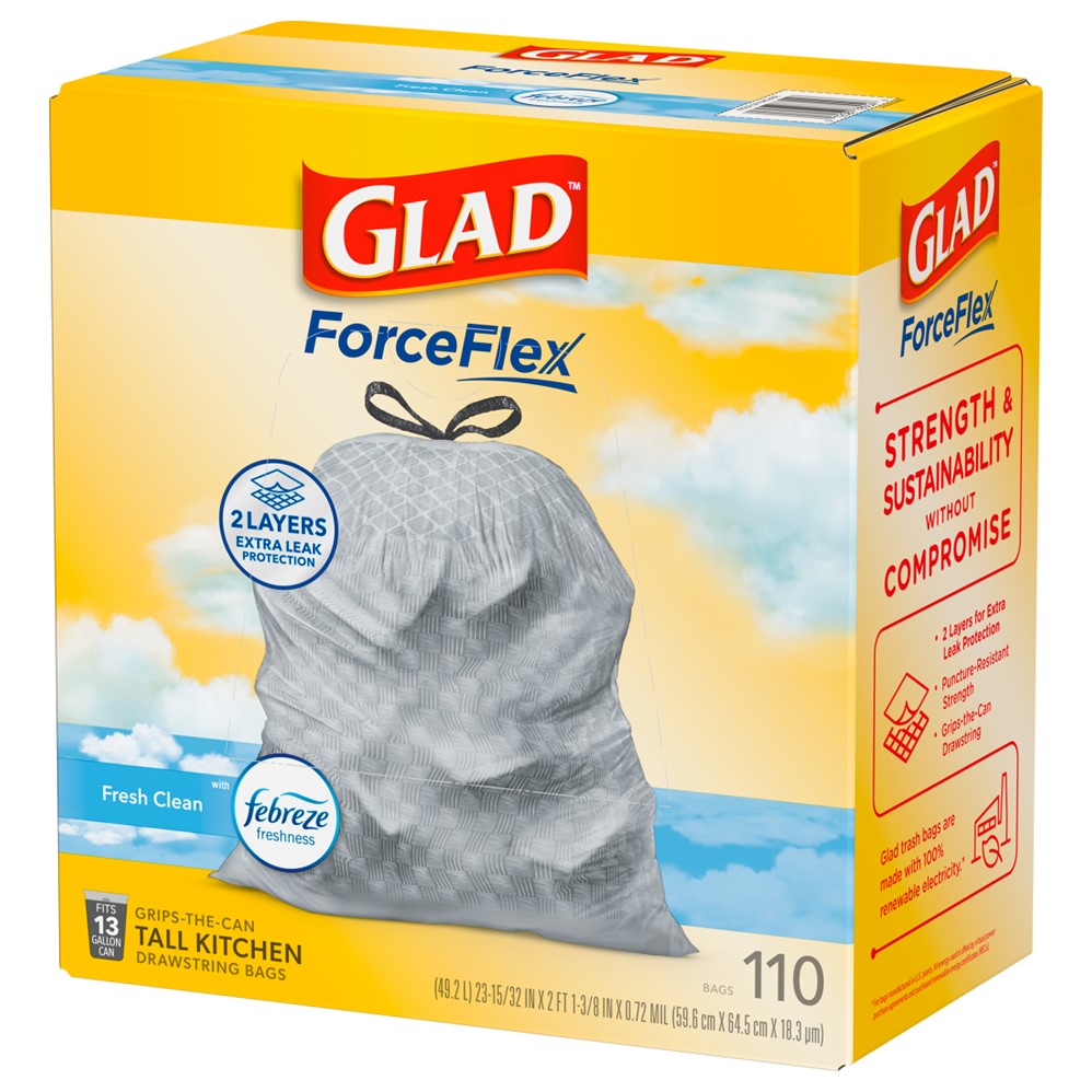 Glad Tall Kitchen Drawstring Fresh Clean Odor Shield 13 Gallon - 110ct/3pk