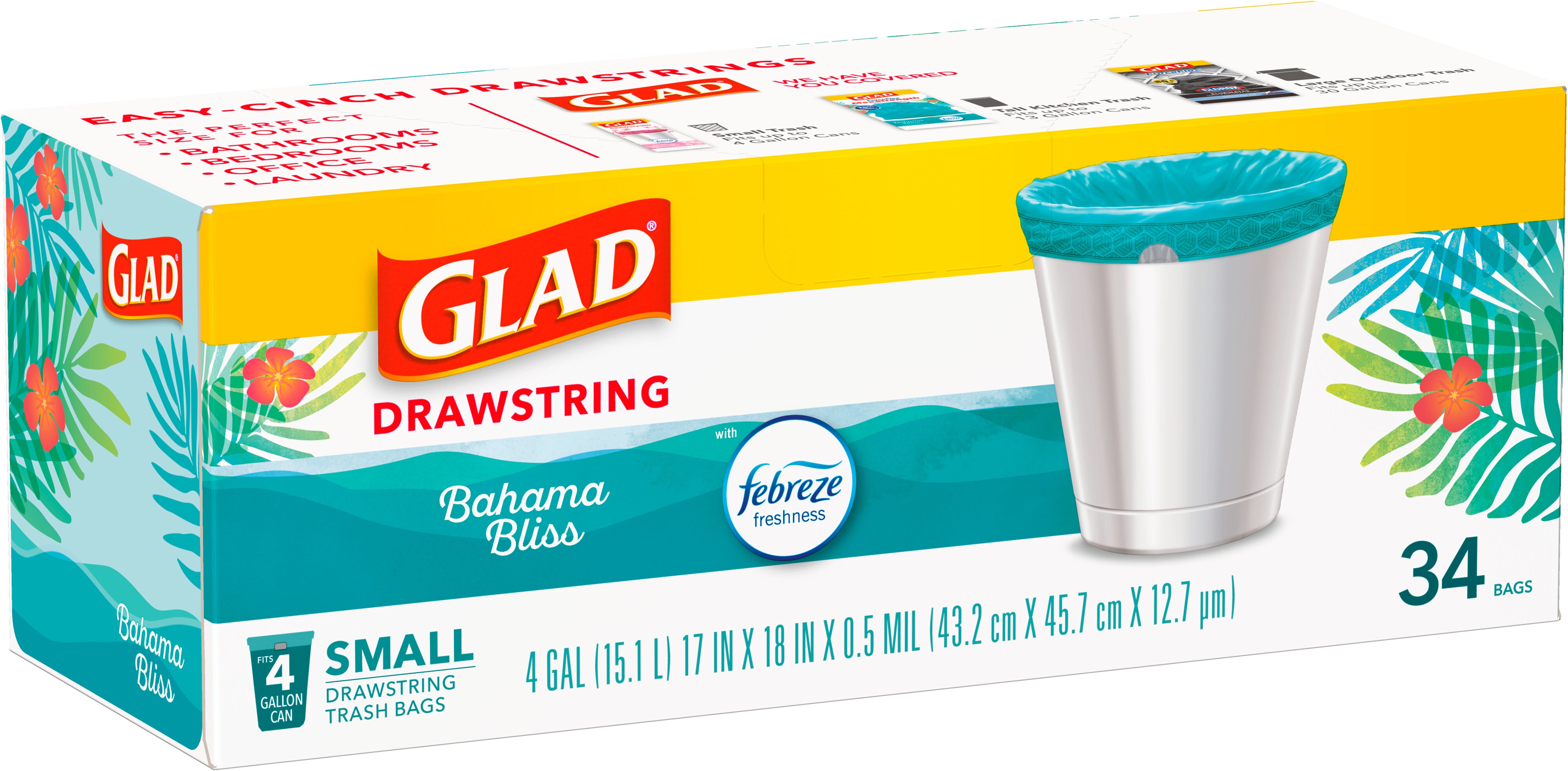 Glad Odorshield Small Drawstring Trash Bags 4 Gallon Teal Febreze Bahama Bliss - 34ct/6pk