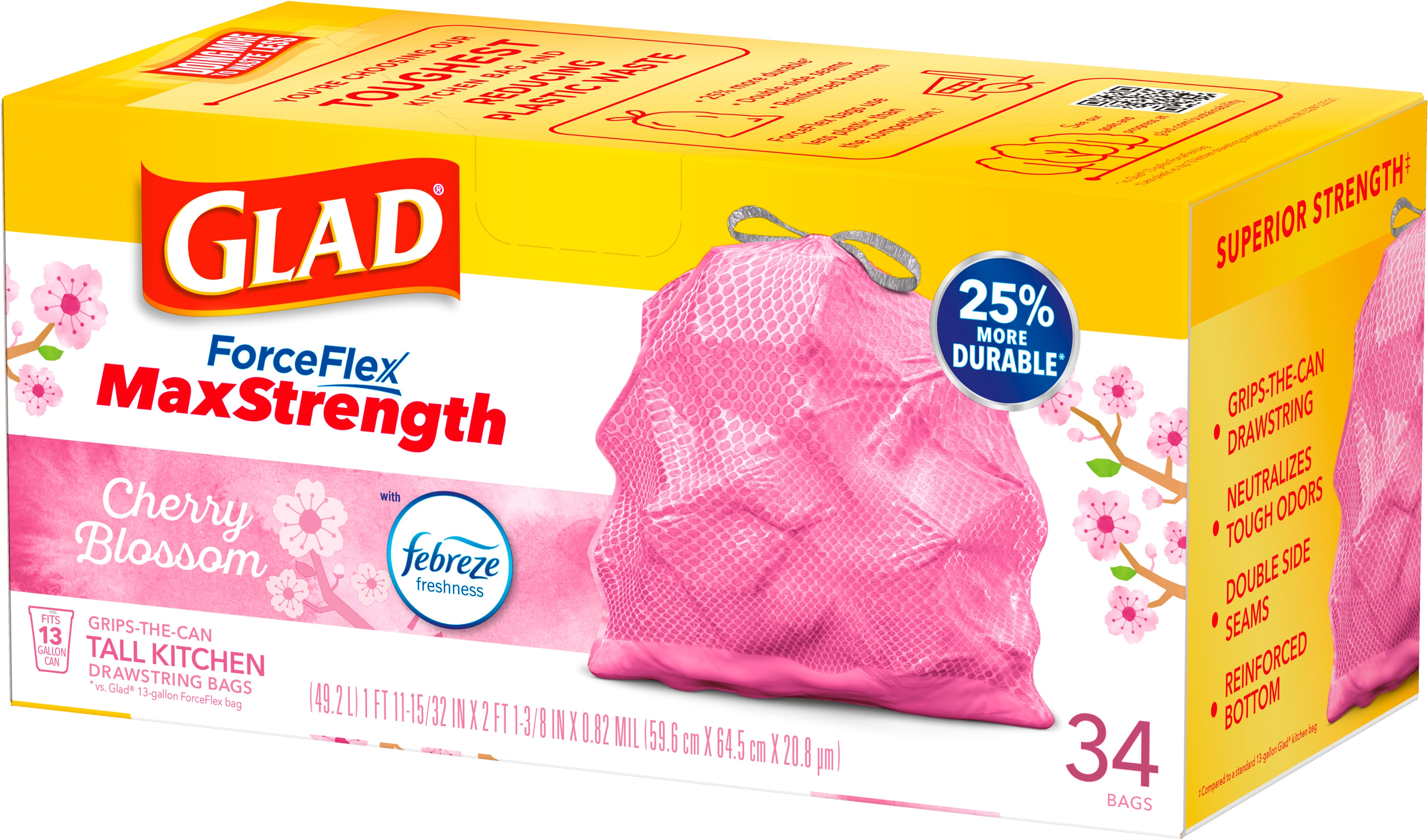 Glad ForceFlex MaxStrength Drawstring Tall Kitchen Trash Bags 13 Gallon Tall Kitchen Trash Bags With Dual-Layer Protection Cherry Blossom With Febreze Freshness - 34ct/6pk