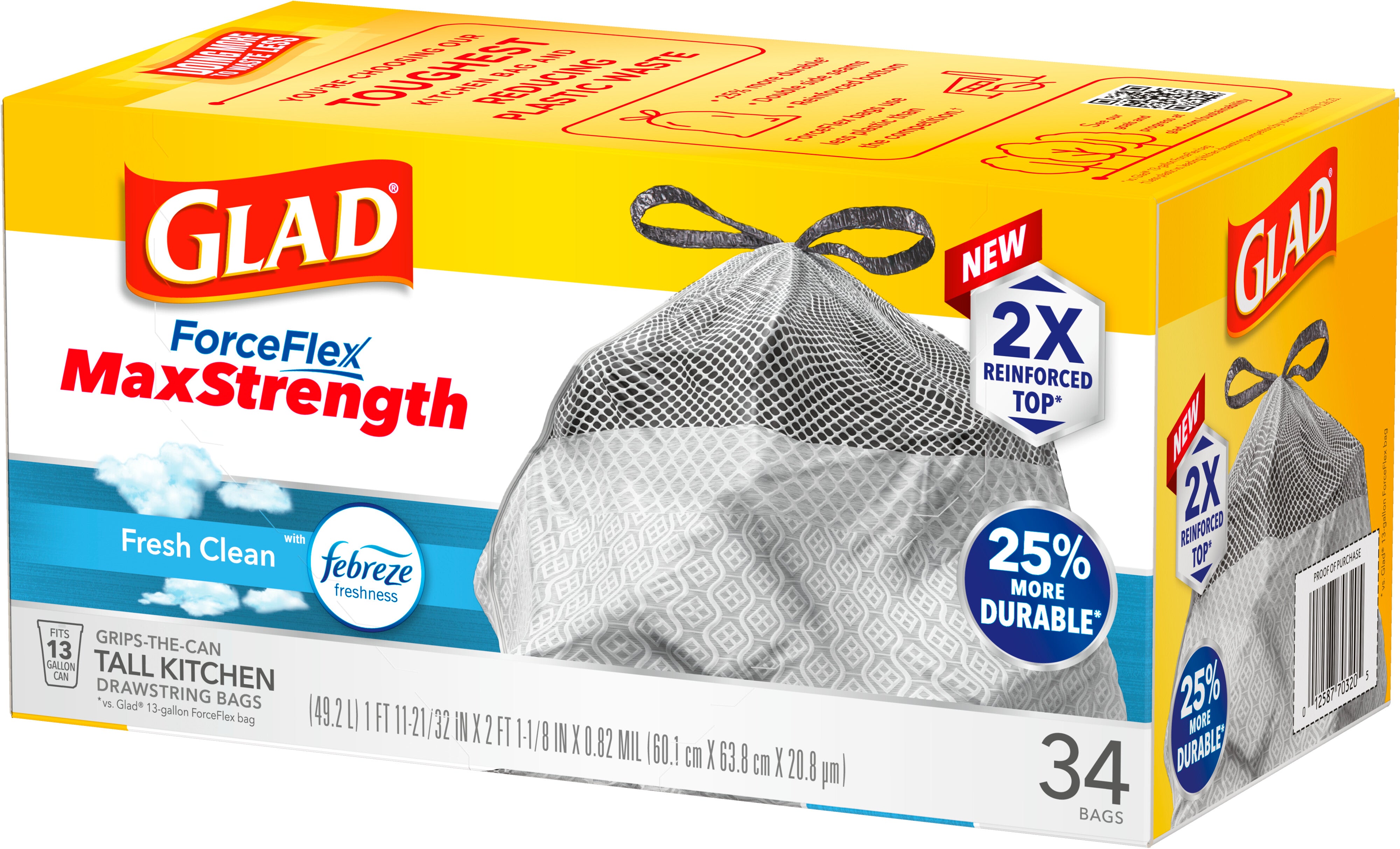 Glad ForceFlex MaxStrength Tall Kitchen Drawstring Trash Bags 13 Gallon Fresh Clean Scent with Febreze Freshness - 34ct/6pk