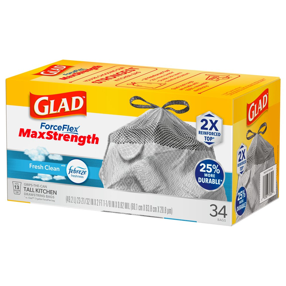 Glad Forceflex Maxstrength Grab Zone Drawstring Fresh Clean Odor Shield13 Gallon - 34ct/6pk