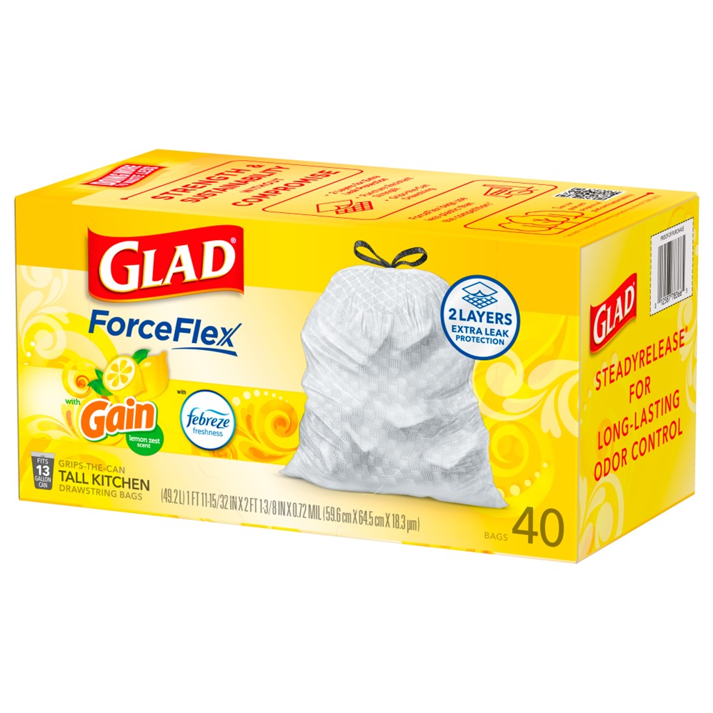 Glad Forceflex Drawstring Gain Lemon Zest Odor Shield 13 - 40ct/6pk