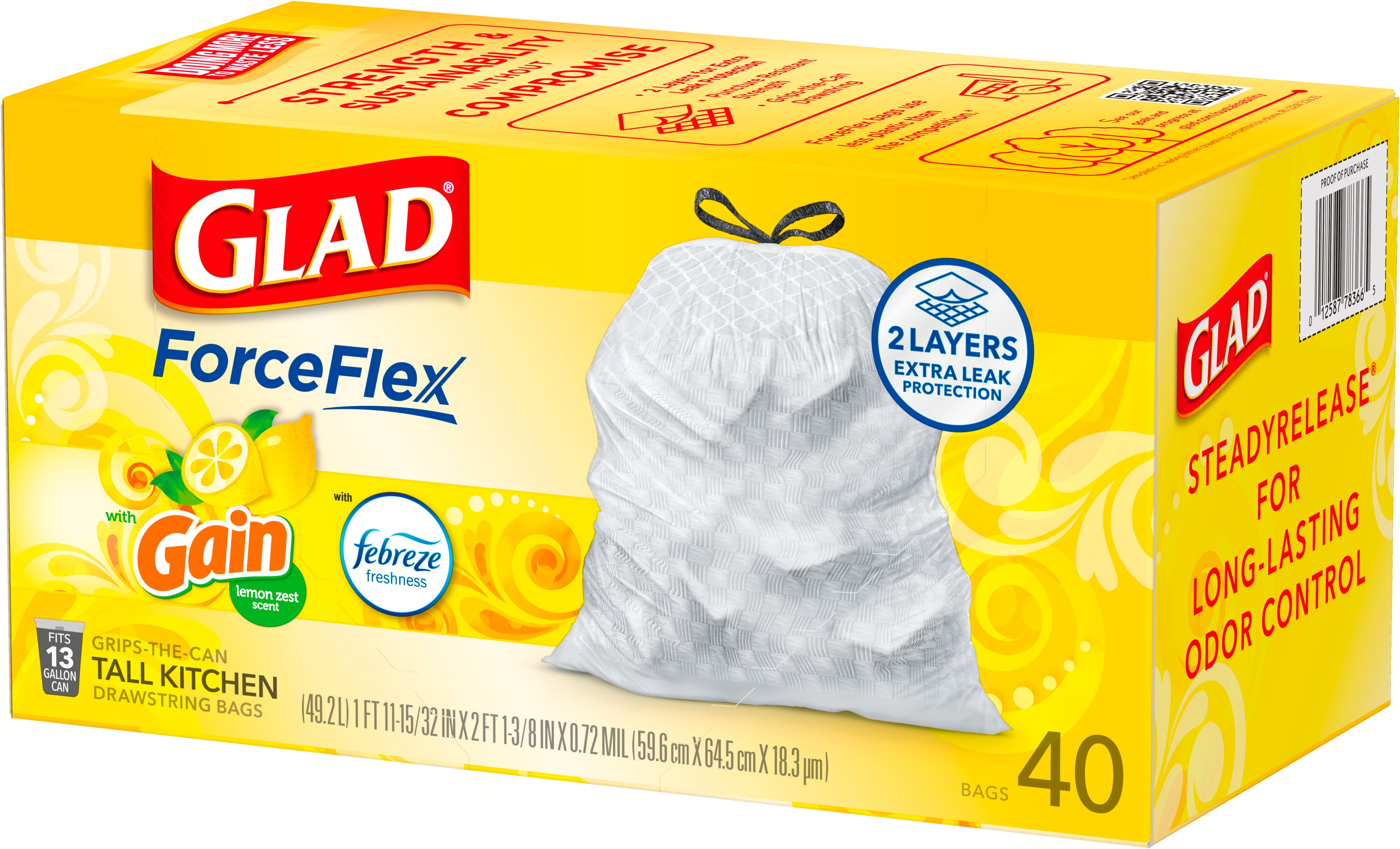 Glad ForceFlex Tall Kitchen Drawstring Trash Bags 13 Gallon White Gain Lemon Zest with Febreze Freshness - 40ct/6pk
