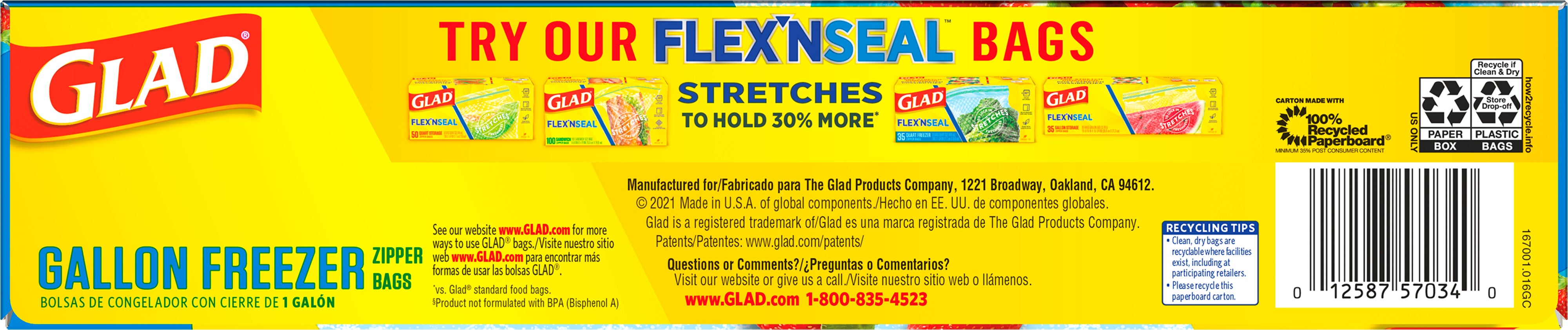 Glad Zipper Freezer Storage Plastic Bags Gallon - 15ct/12pk