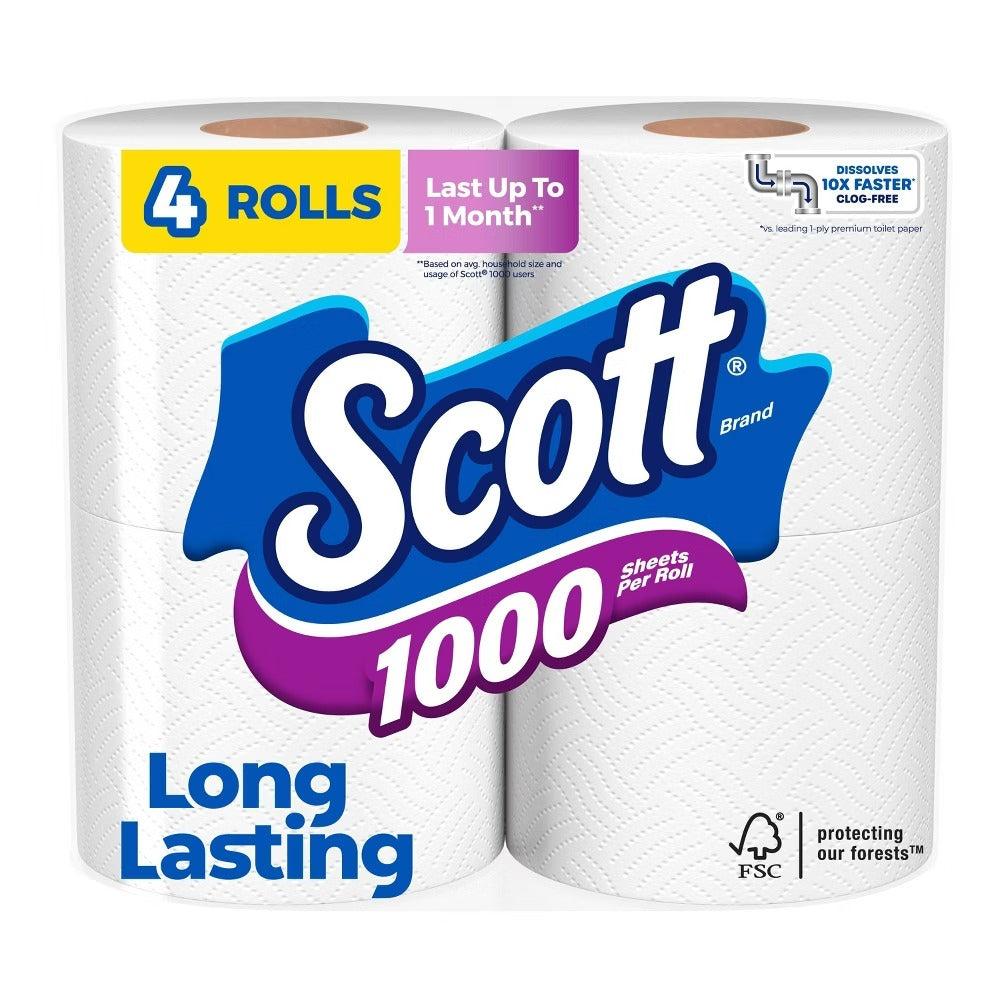 Scott Bathroom Tissues 1000 Sheets Per Roll - 4ct/12pk