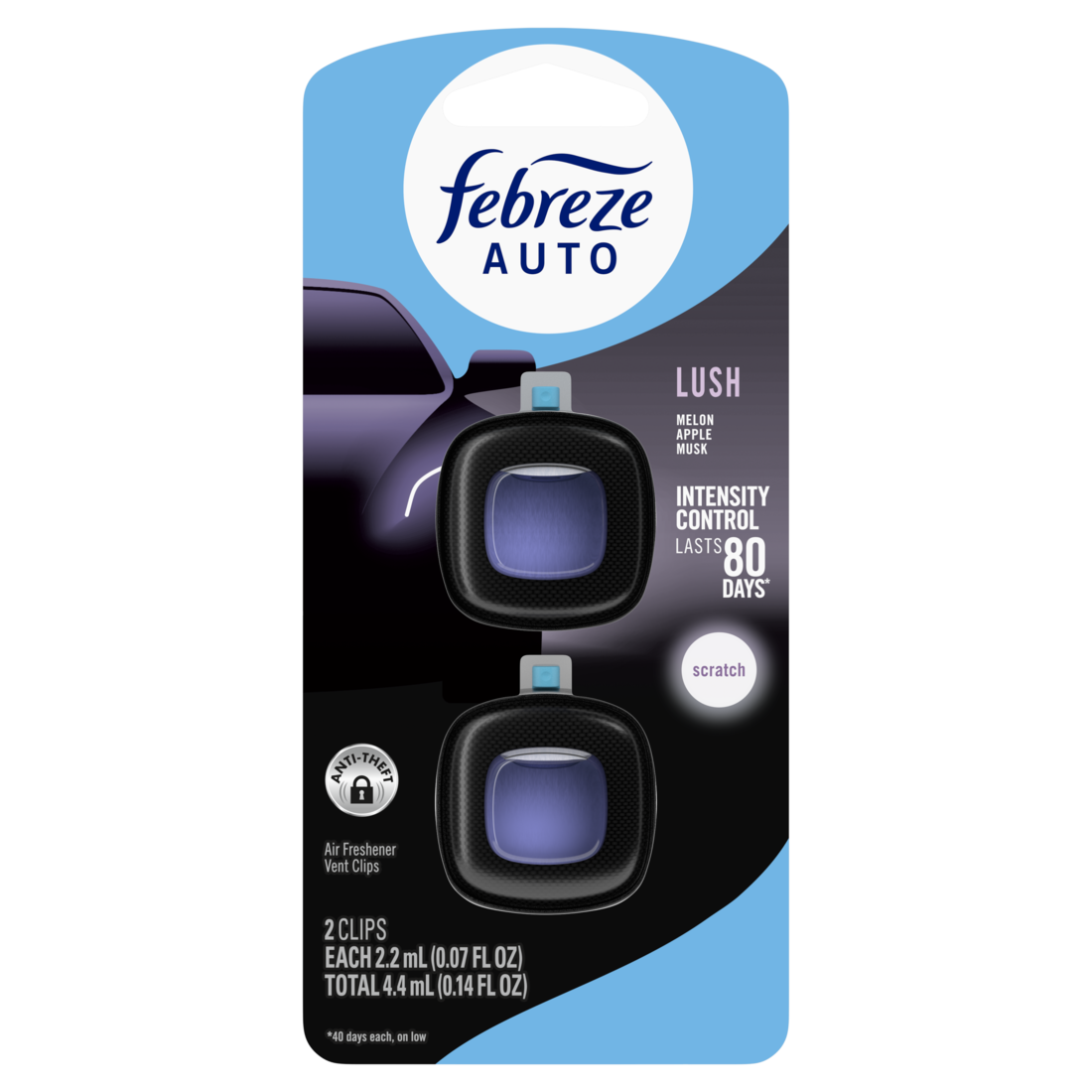 Febreze Auto Air Freshener Odor-Fighting Automotive Vent Clip Lush Scent - (2x0.07)oz/8pk