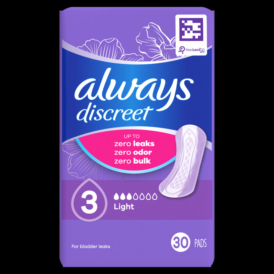 Always Discreet Adult Incontinence Pads for Women Light Absorbency Regular Length Postpartum Pads Size 3 - 30ct/3pk