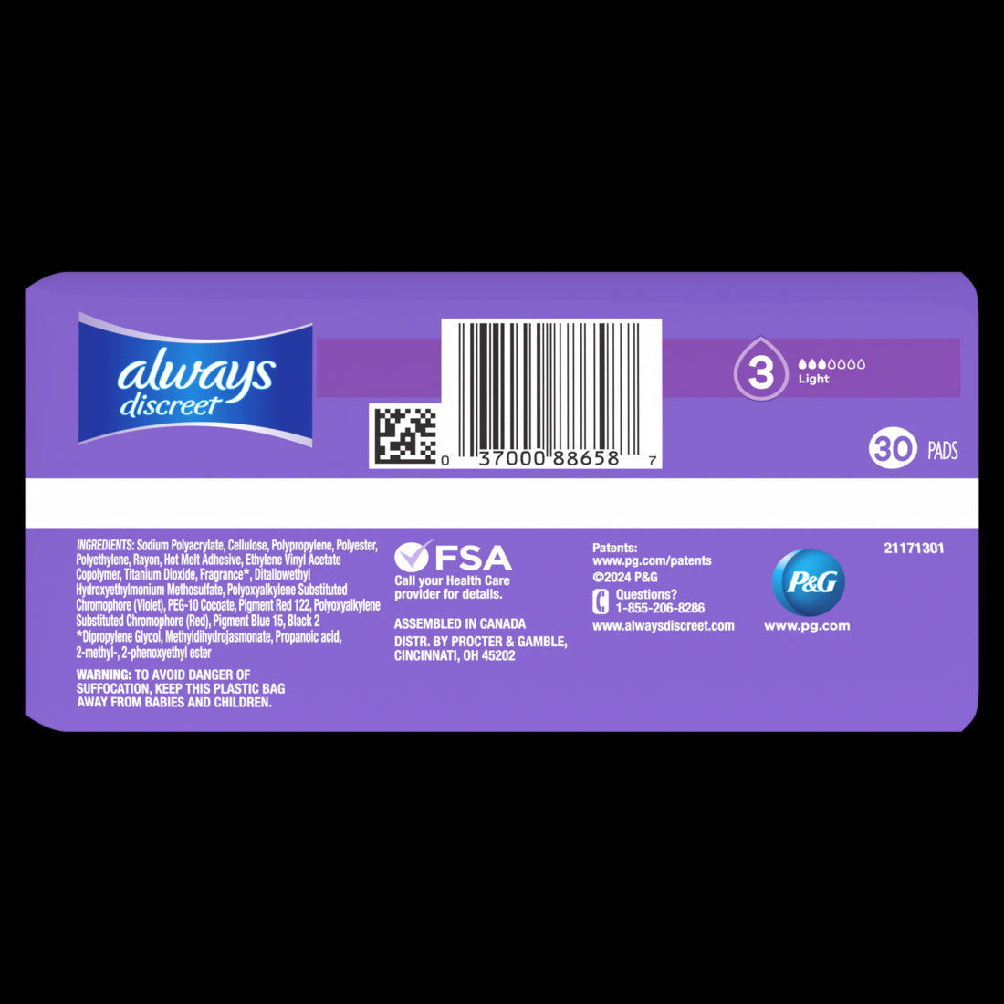 Always Discreet Adult Incontinence Pads for Women Light Absorbency Regular Length Postpartum Pads Size 3 - 30ct/3pk