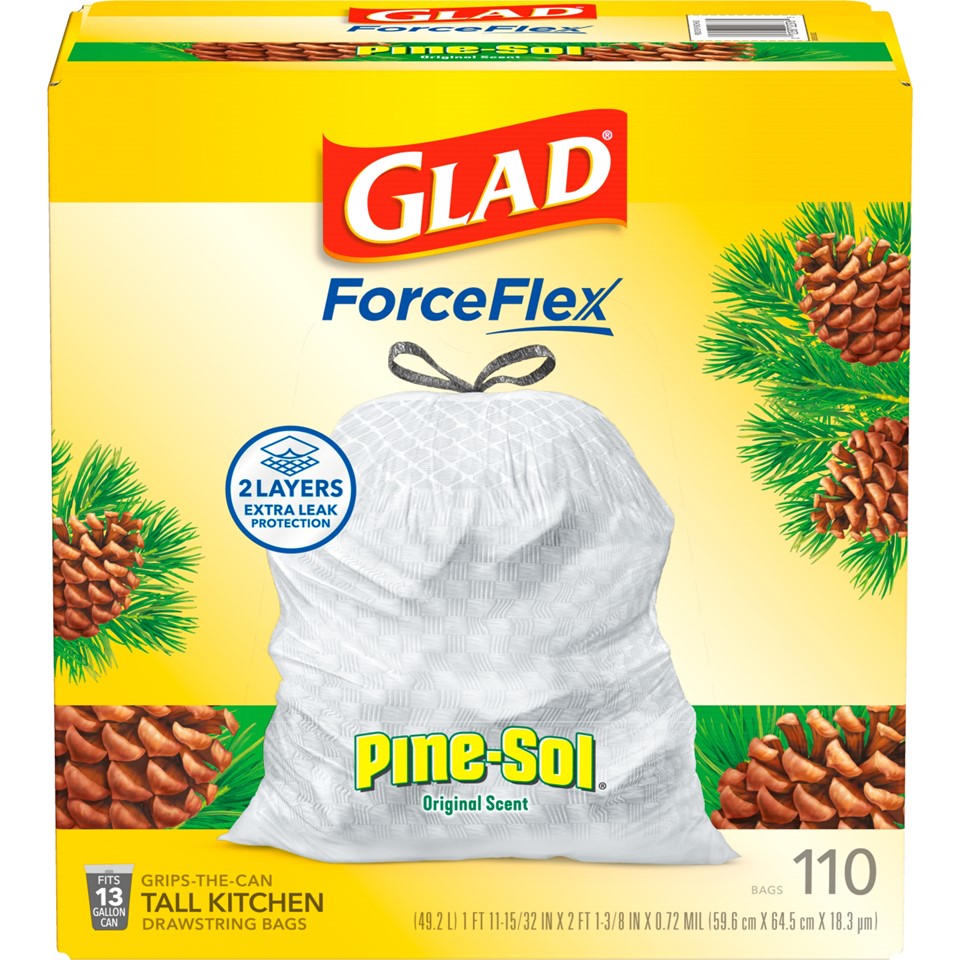 Glad ForceFlex Tall Kitchen Drawstring Trash Bags 13 Gallon Pine Sol Original Scent - 110ct/3pk