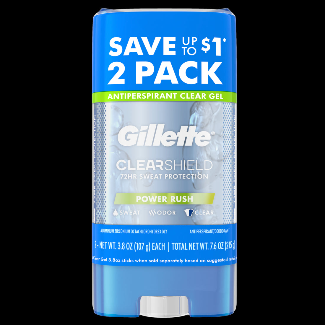 Gillette Power Rush Clear Gel Deodorant 72hr Protection Twin Pack - (2x3.8)oz/6pk