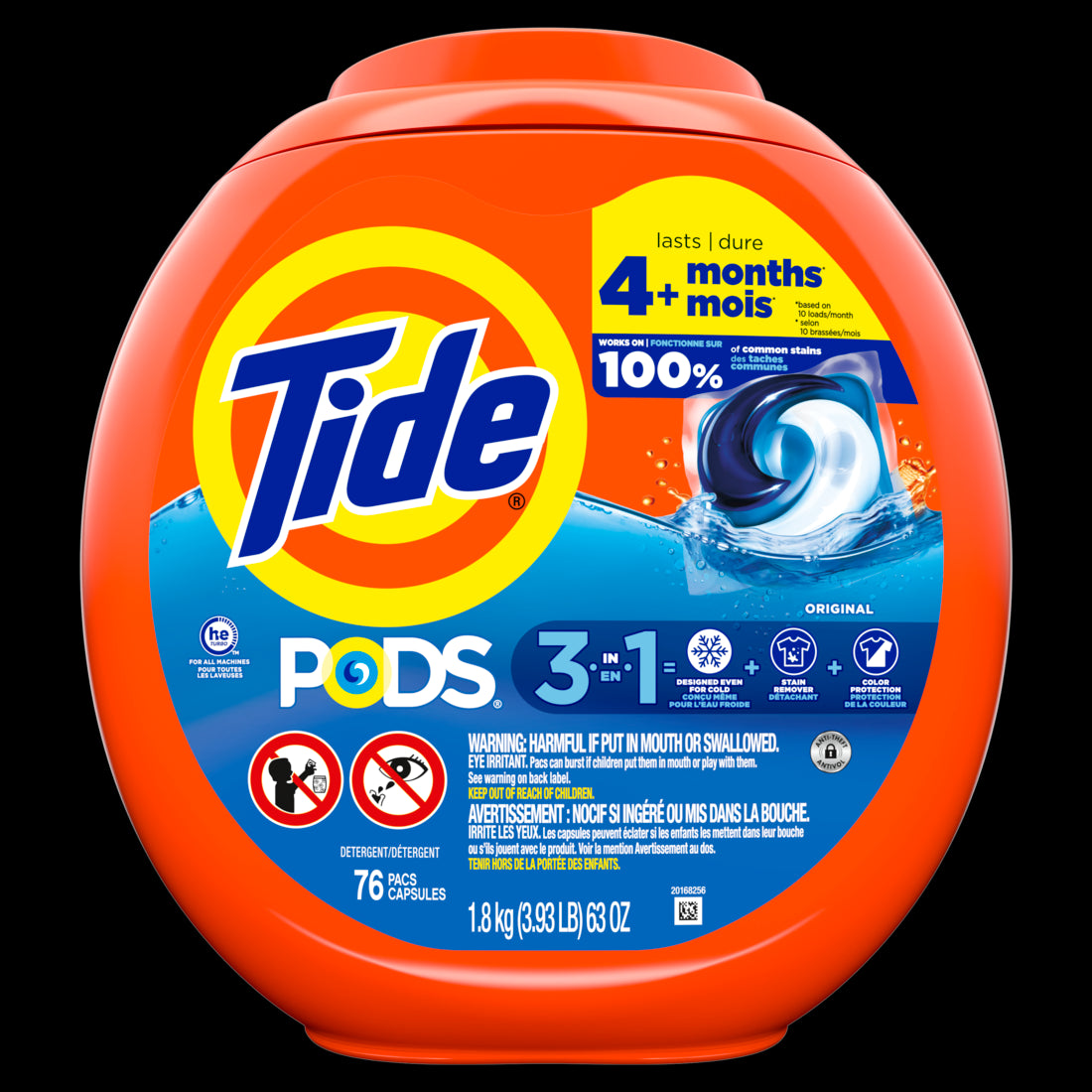 Tide PODS laundry detergent pacs 3-in-1 Stain Remover Odor FighterColor Protector HE compatible Original Scent - 76ct/4pk