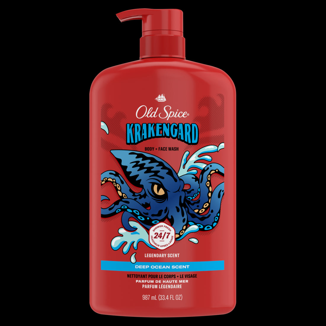 Old Spice Cleansing Body Wash for Men 24/7 Shower Clean with Lasting Scent 2 in 1 Face and Body Wash Rich Lather Krakengard Deep Ocean Scent - 33.4oz/4pk