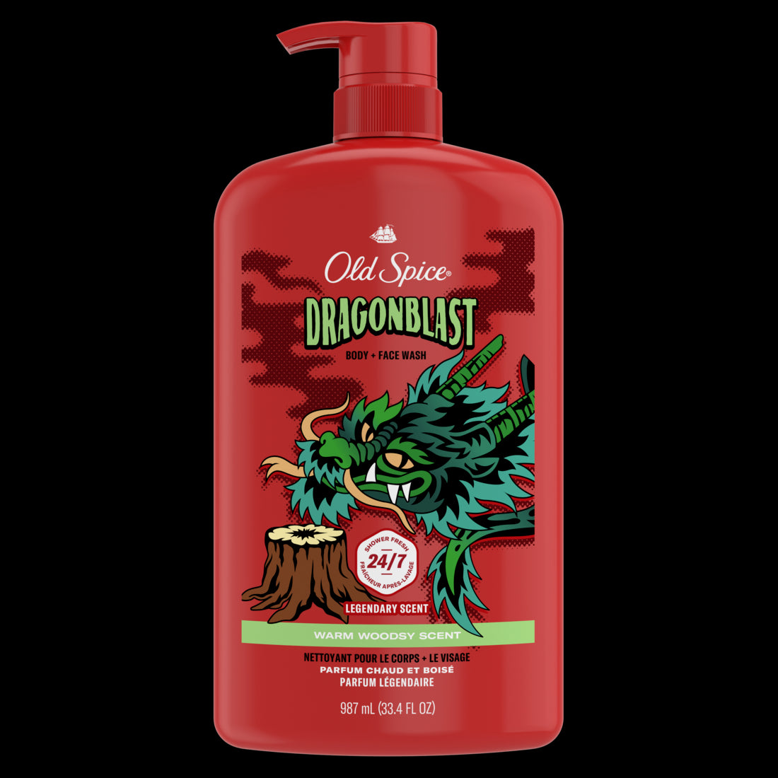 Old Spice Cleansing Body Wash for Men 24/7 Shower Clean with Lasting Scent 2 in 1 Face and Body Wash Rich Lather Dragonblast Warm Woodsy Scent - 33.4oz/4pk