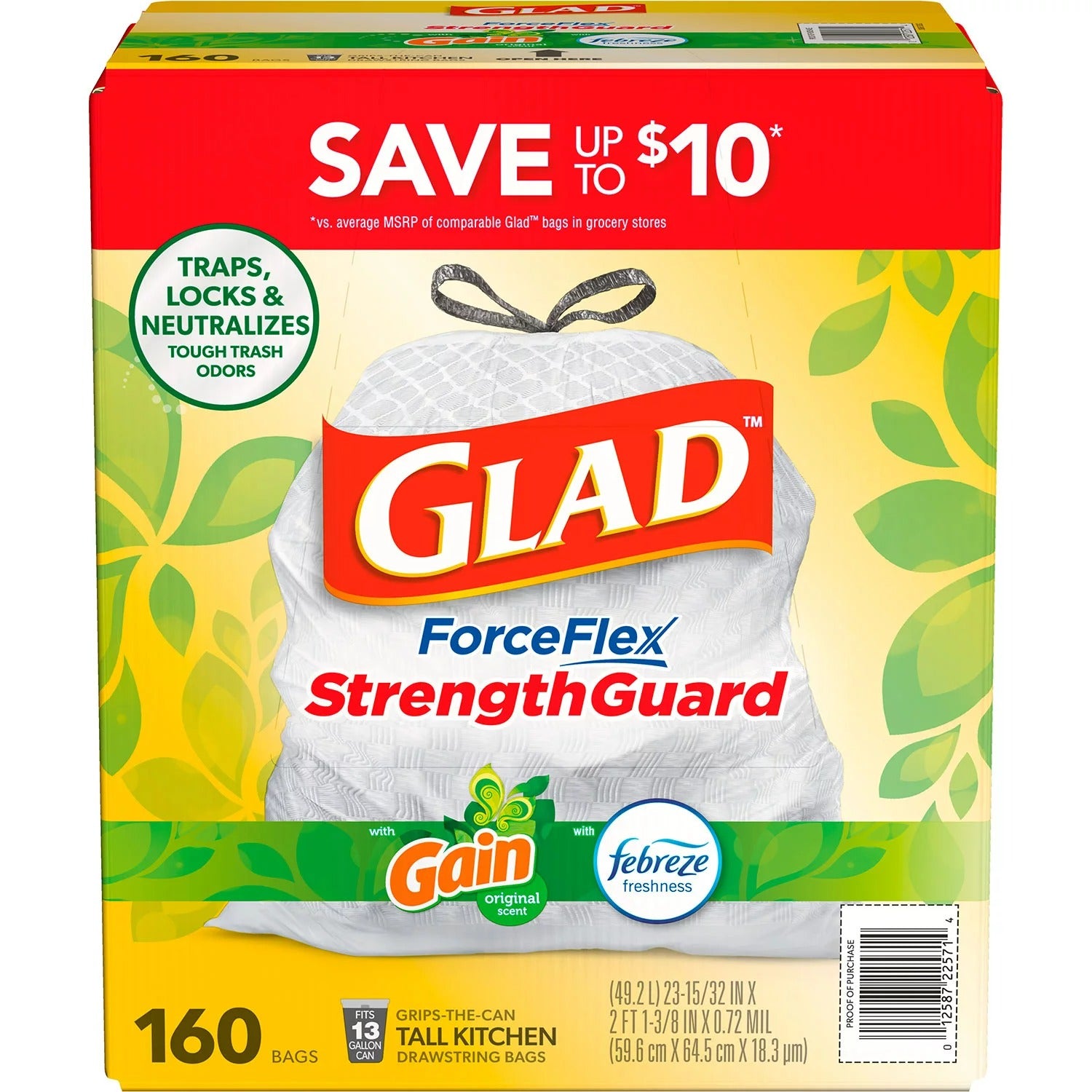 Glad ForceFlex 13-Gallon Kitchen Trash Bags Gain Original Scent + Febreze - 160ct/1pk