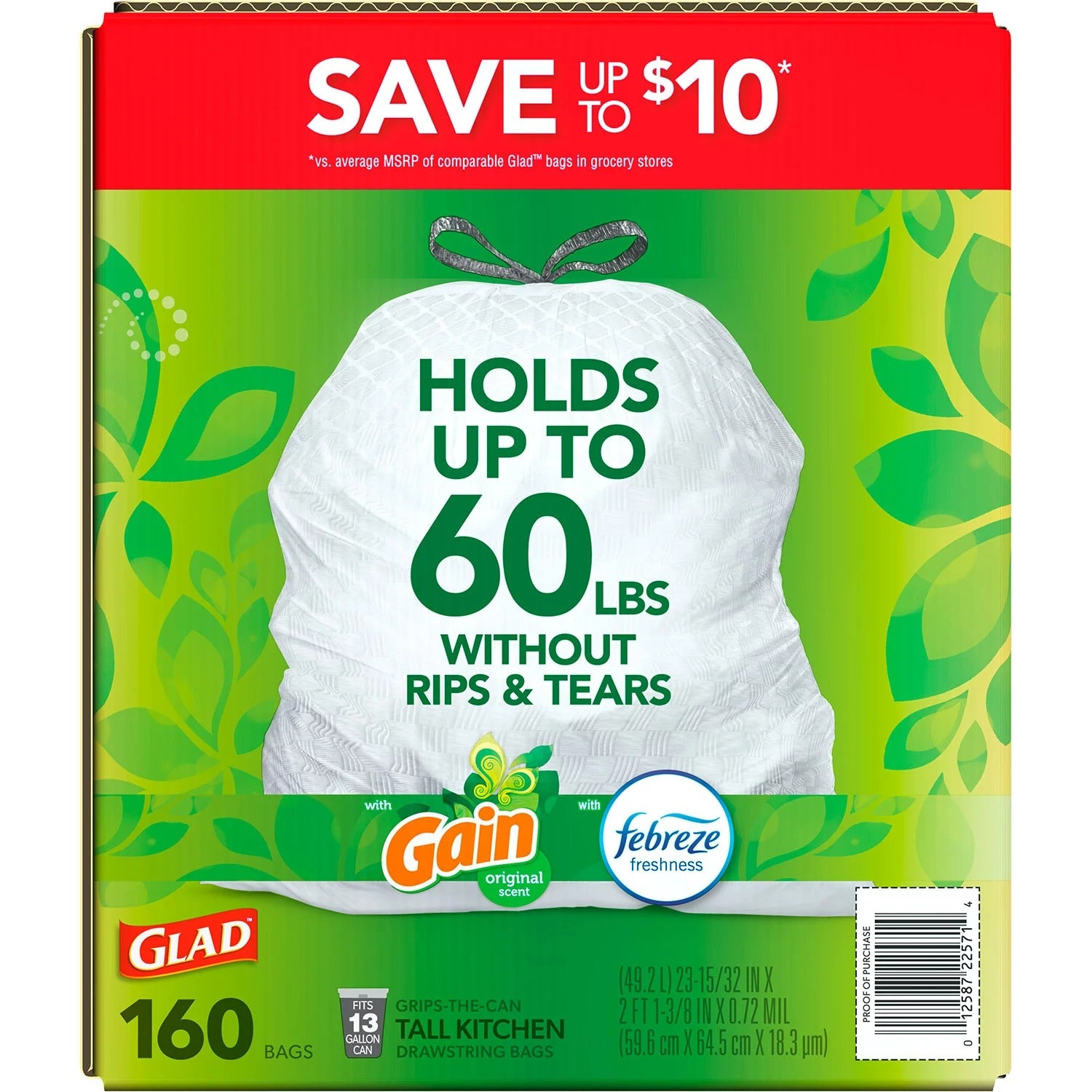 Glad ForceFlex 13-Gallon Kitchen Trash Bags Gain Original Scent + Febreze - 160ct/1pk