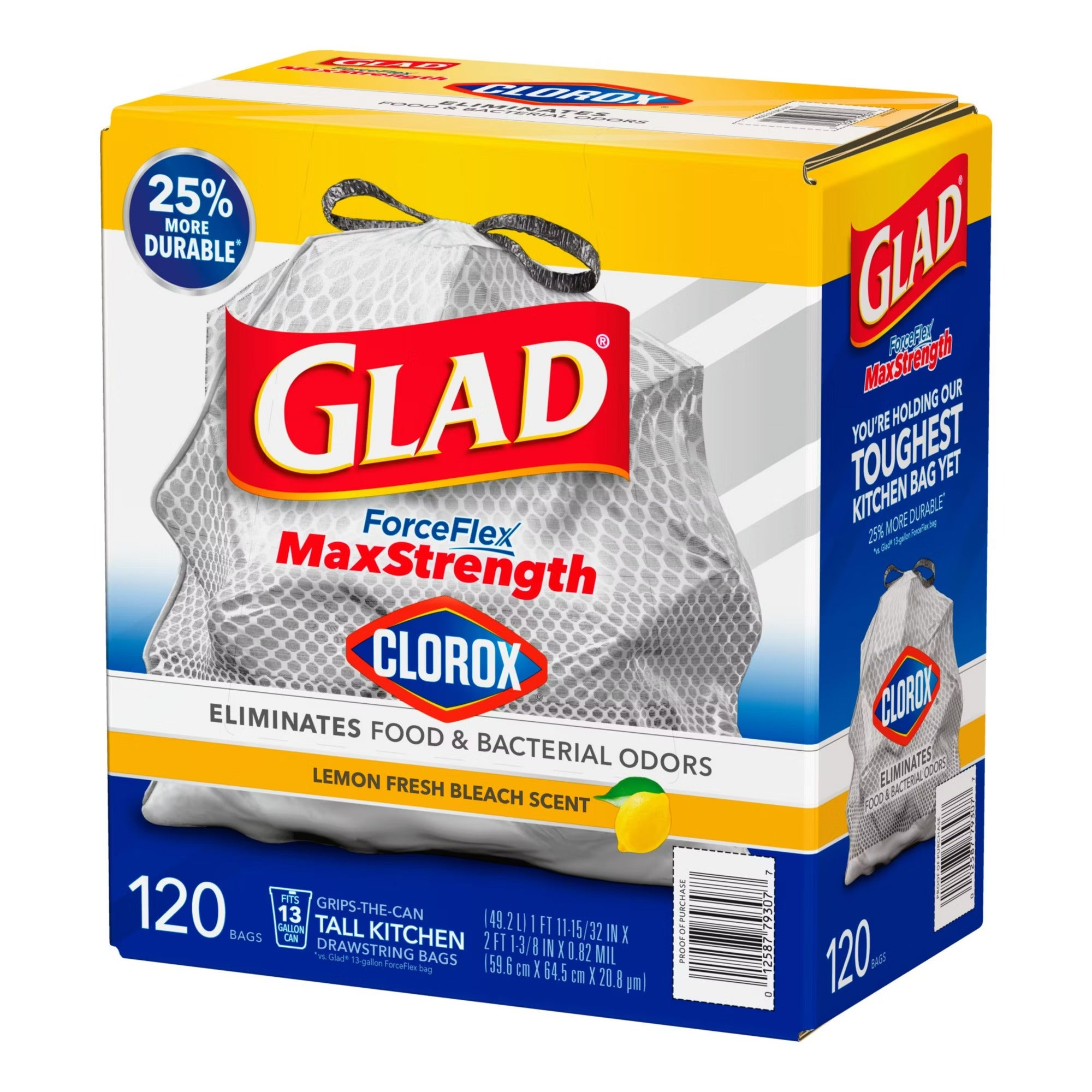 Glad ForceFlex MaxStrength with Clorox Tall Trash Bags - Lemon Fresh Bleach Scent 13 gal - 120ct/1pk