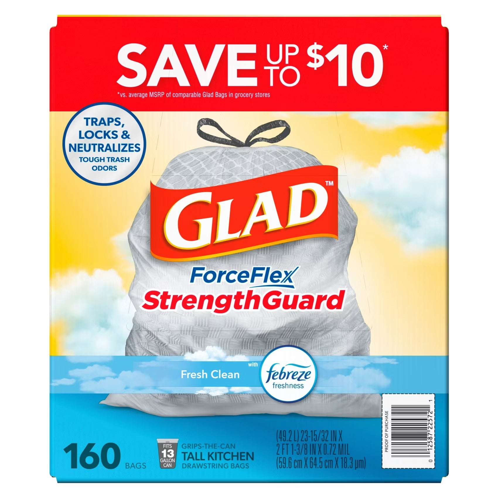 Glad ForceFlex Tall Kitchen Drawstring Trash Bags - Fresh Clean with Febreze 13 gal - 160ct/1pk