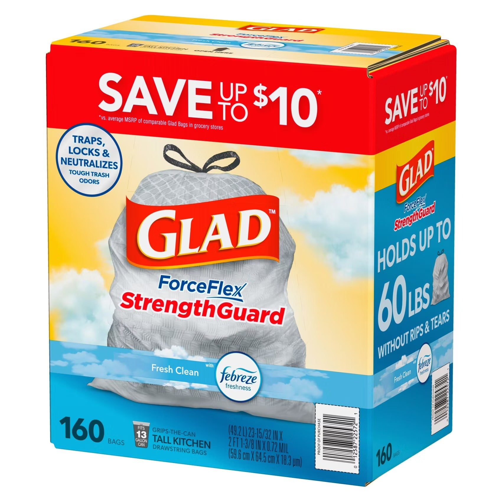 Glad ForceFlex Tall Kitchen Drawstring Trash Bags - Fresh Clean with Febreze 13 gal - 160ct/1pk