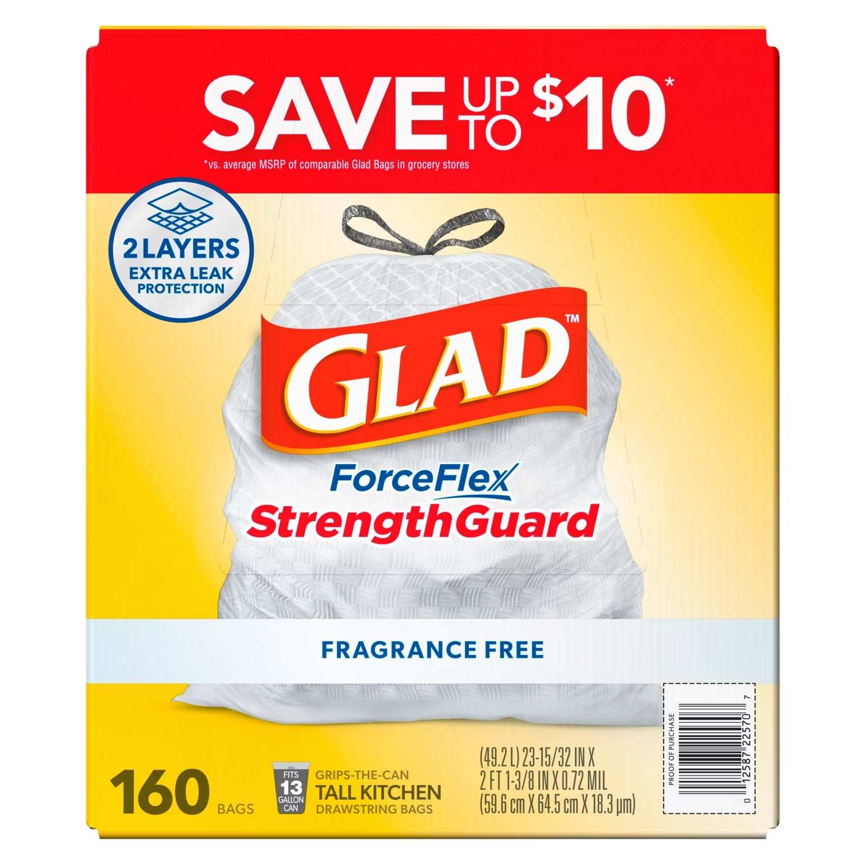 Glad ForceFlex Tall Kitchen Drawstring Trash Bags - Fragrance Free 13gal - 160ct/1pk