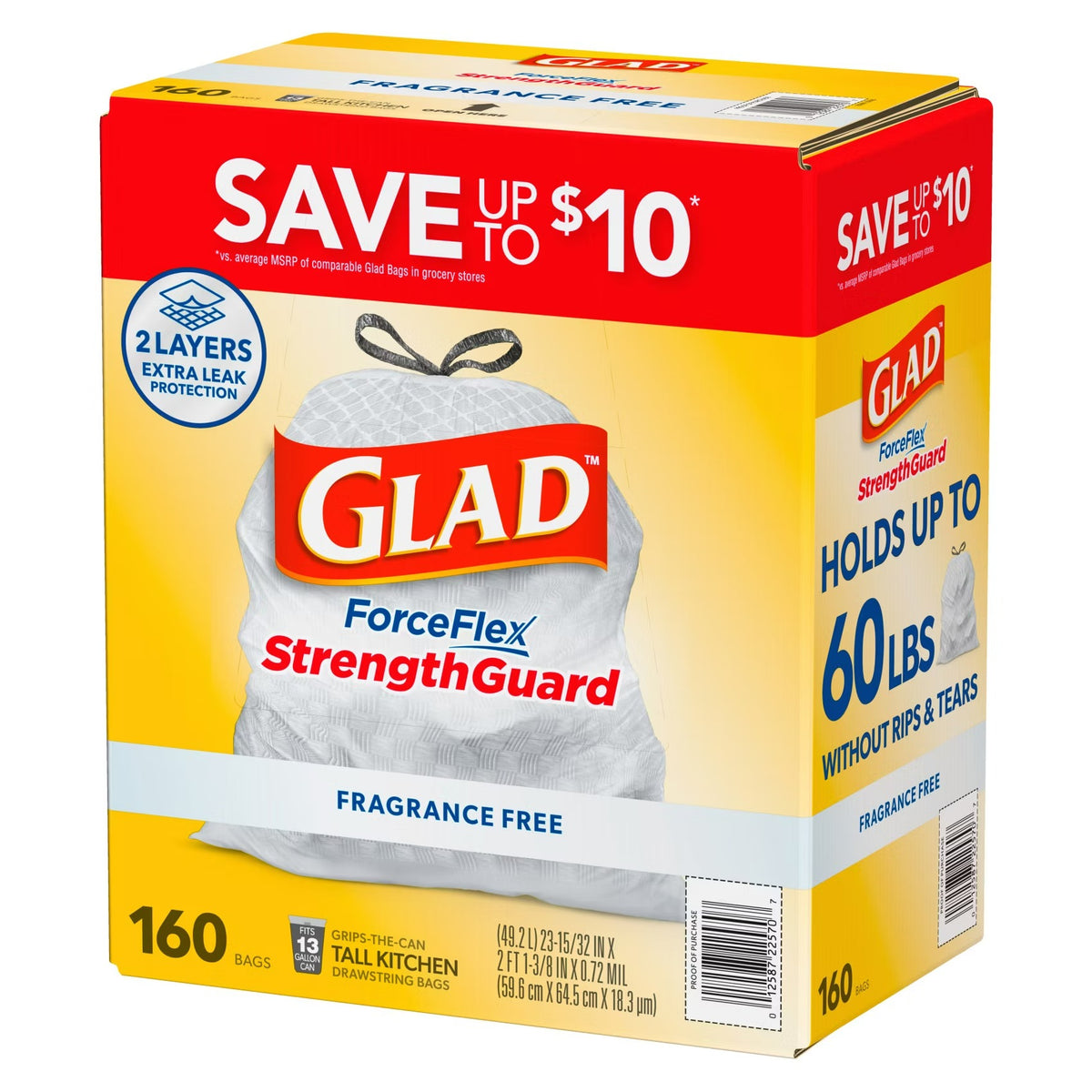 Glad ForceFlex Tall Kitchen Drawstring Trash Bags - Fragrance Free 13gal - 160ct/1pk