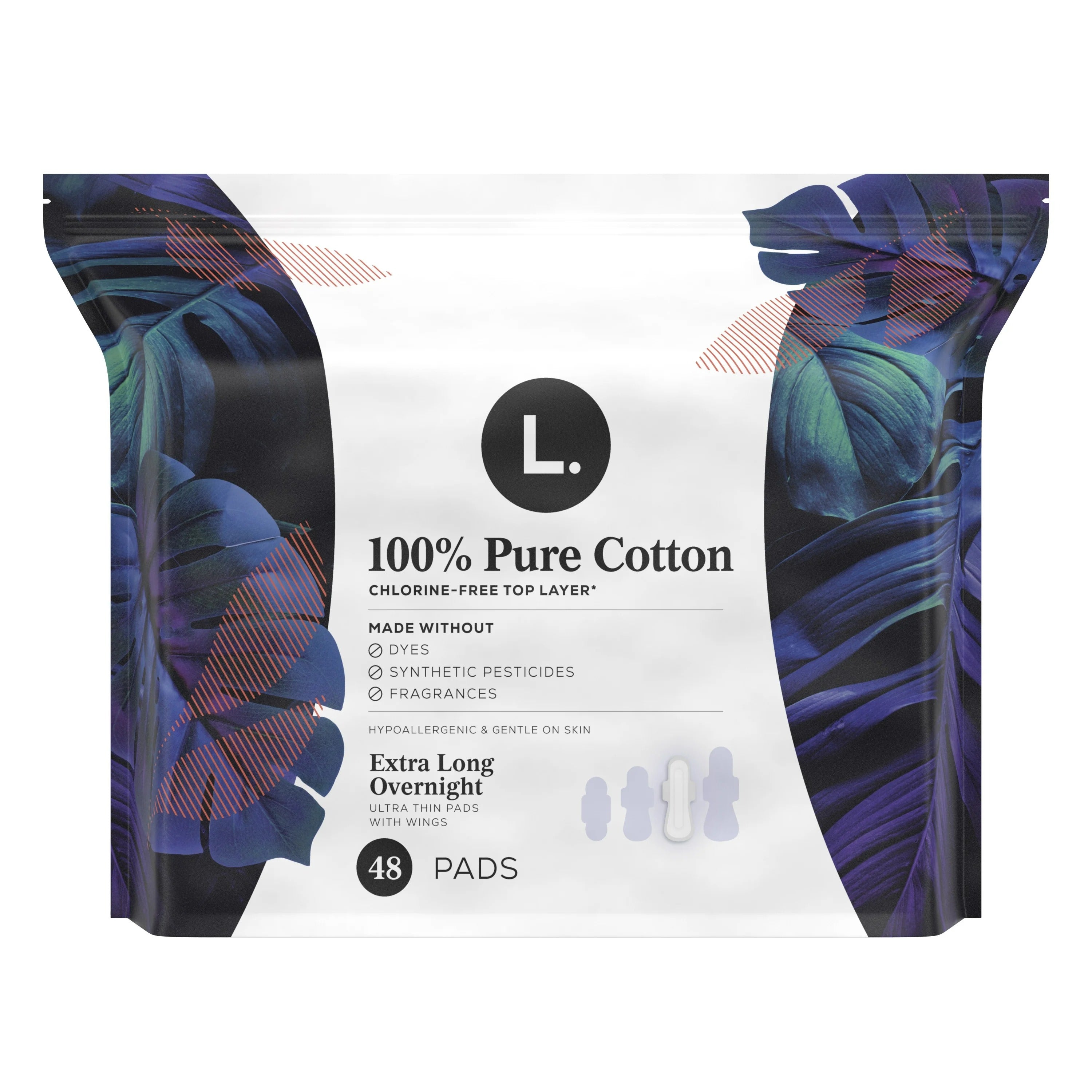 L. Ultra Thin Pads Overnight Absorbency 100% Pure Cotton Top Layer - 48ct/8pk