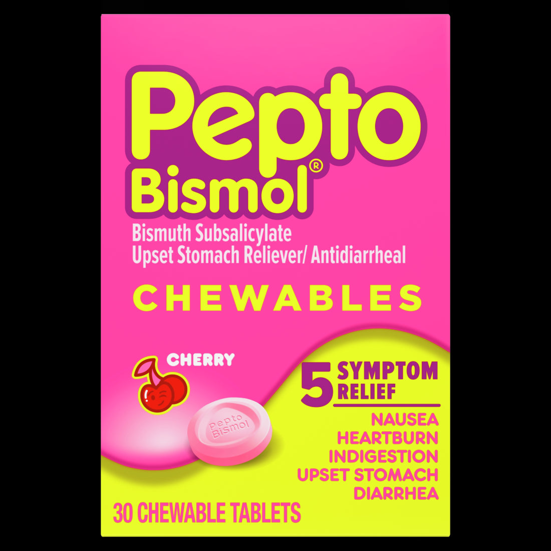Pepto Bismol Chewable Tablets for Nausea Heartburn Indigestion Upset Stomach and Diarrhea - 5 Symptom Fast Relief Cherry Flavor - 30ct/24pk