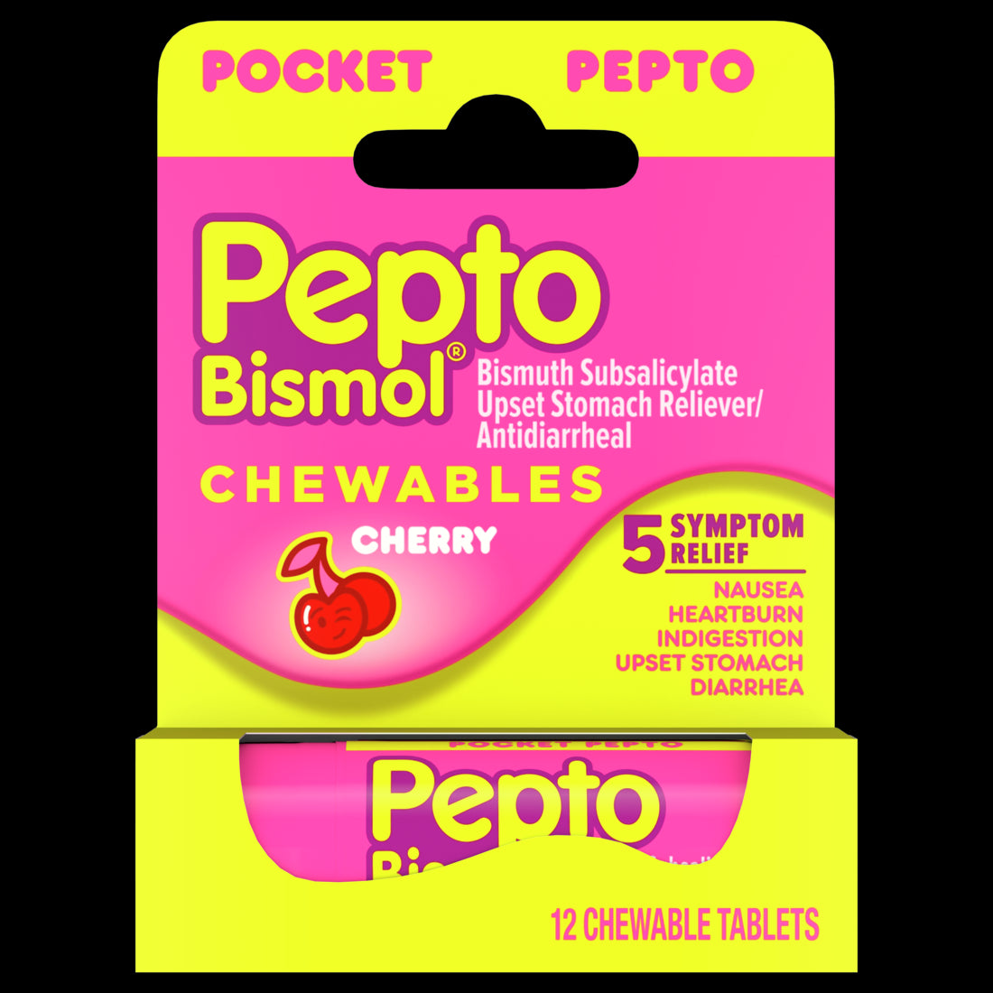 Pepto Bismol Pocket Chewable Tablets for Nausea Heartburn Indigestion Upset Stomach and Diarrhea - 5 Symptom Fast Relief Cherry Flavor - 12ct/24pk