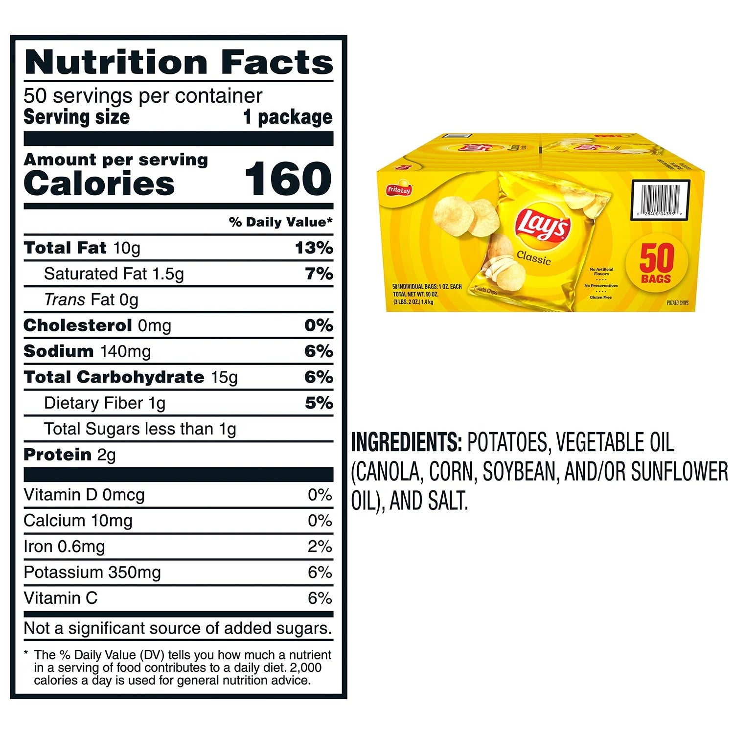 Lay's Classic Potato Chips Total 50oz - 50ct/1pk